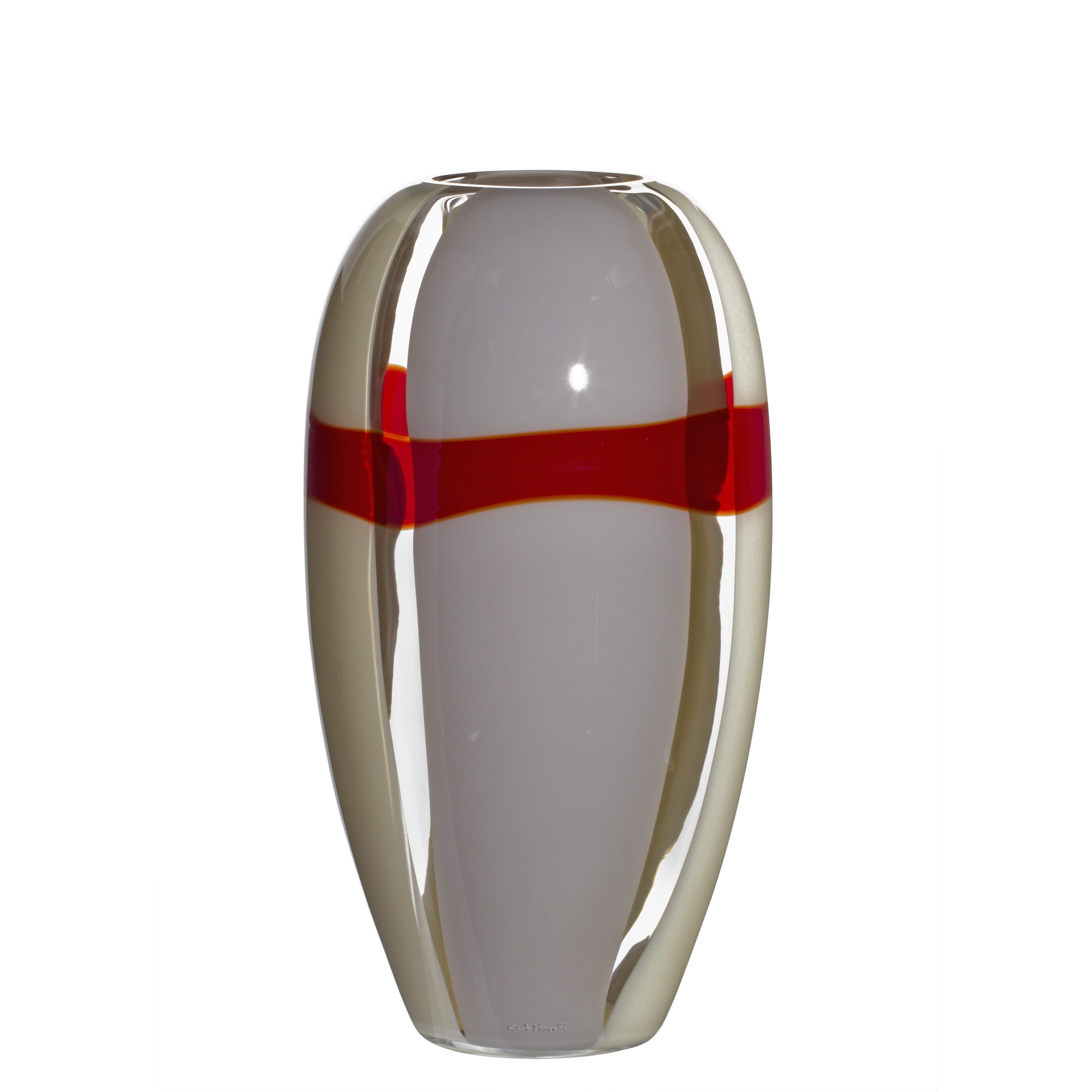 Vaso medio Ogiva in grigio, bianco e rosso di Carlo Moretti