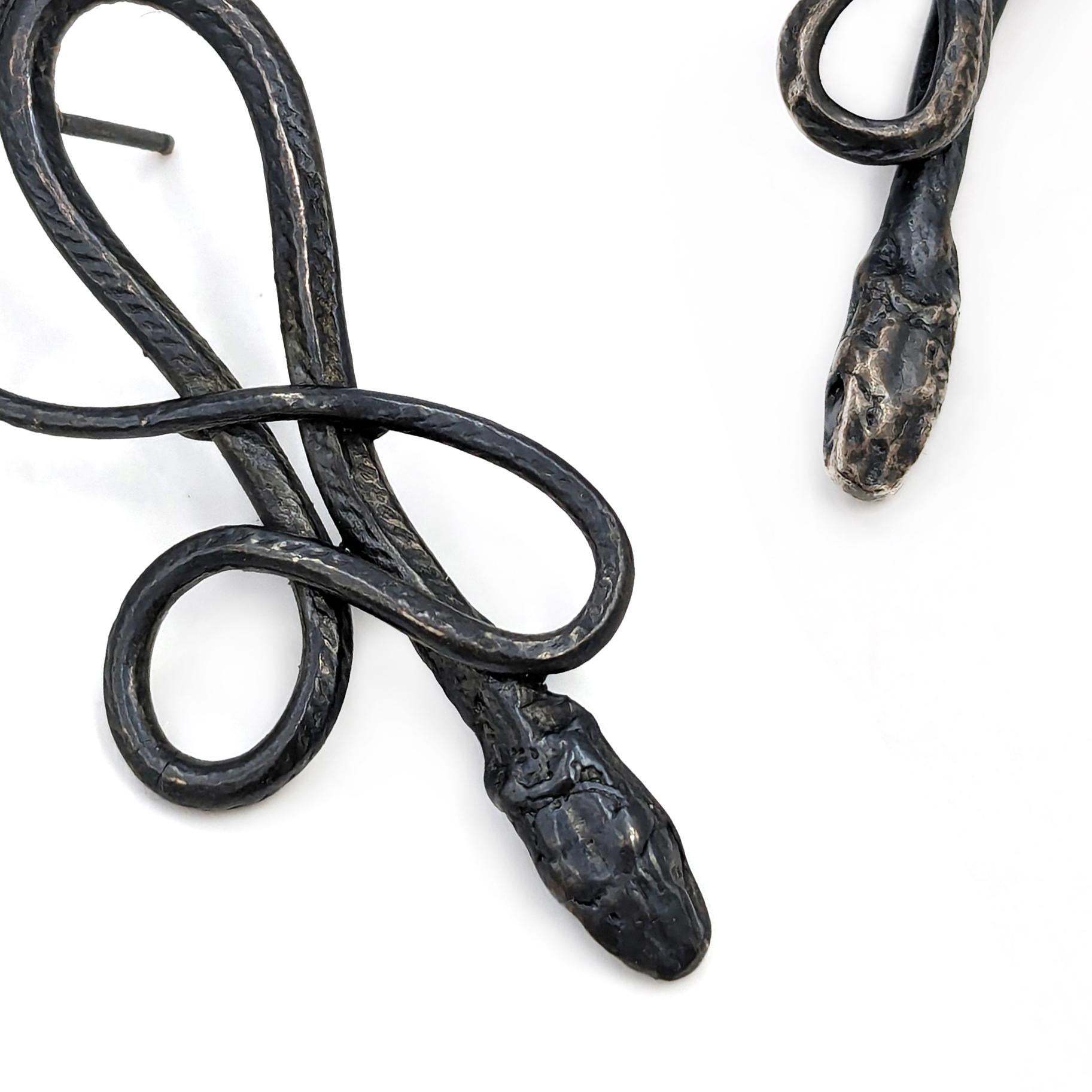 Medium Oxidized Silver Serpentine Earrings In New Condition For Sale In Asheville, NC