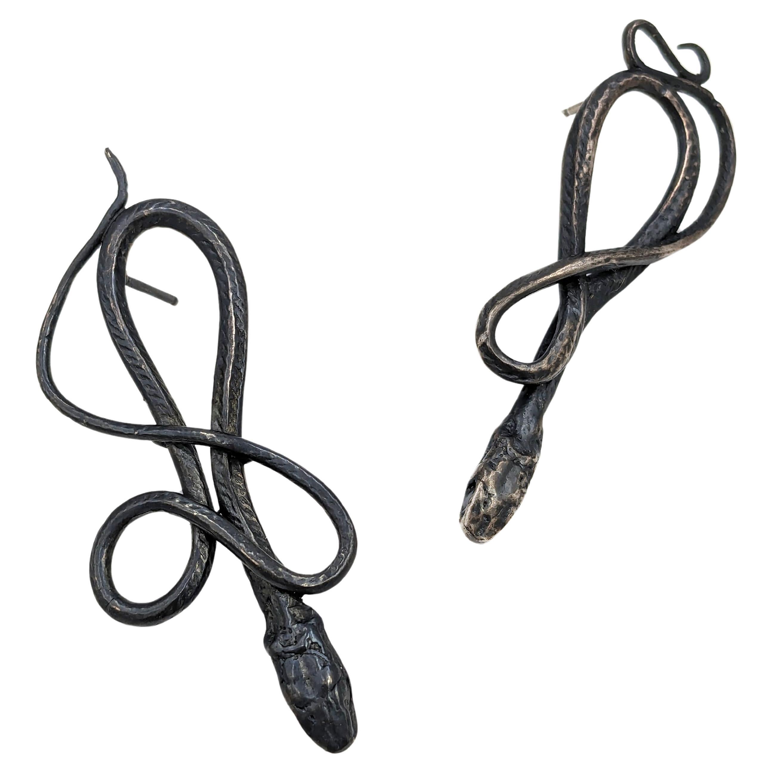 Medium Oxidized Silver Serpentine Earrings For Sale