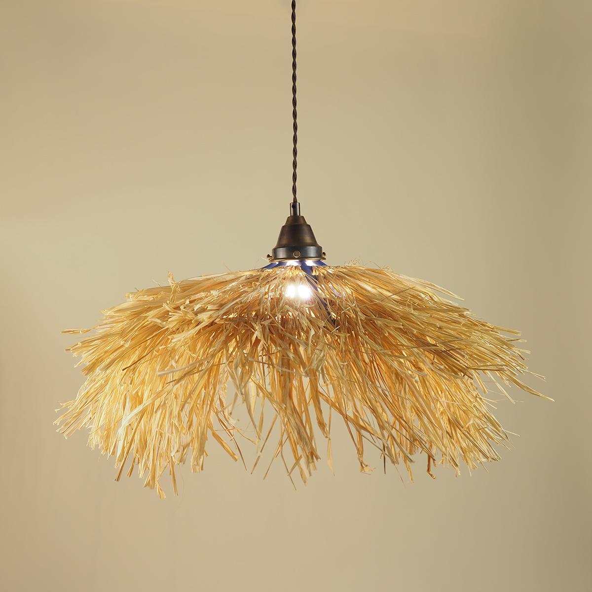 Inspired by warm summer nights under a palapa, this pendant light fixture plays with structure, organic textures, and the duality of perception.

The cage-like frame is hand built with speckled clay body coils and glazed in a matte blue glaze.