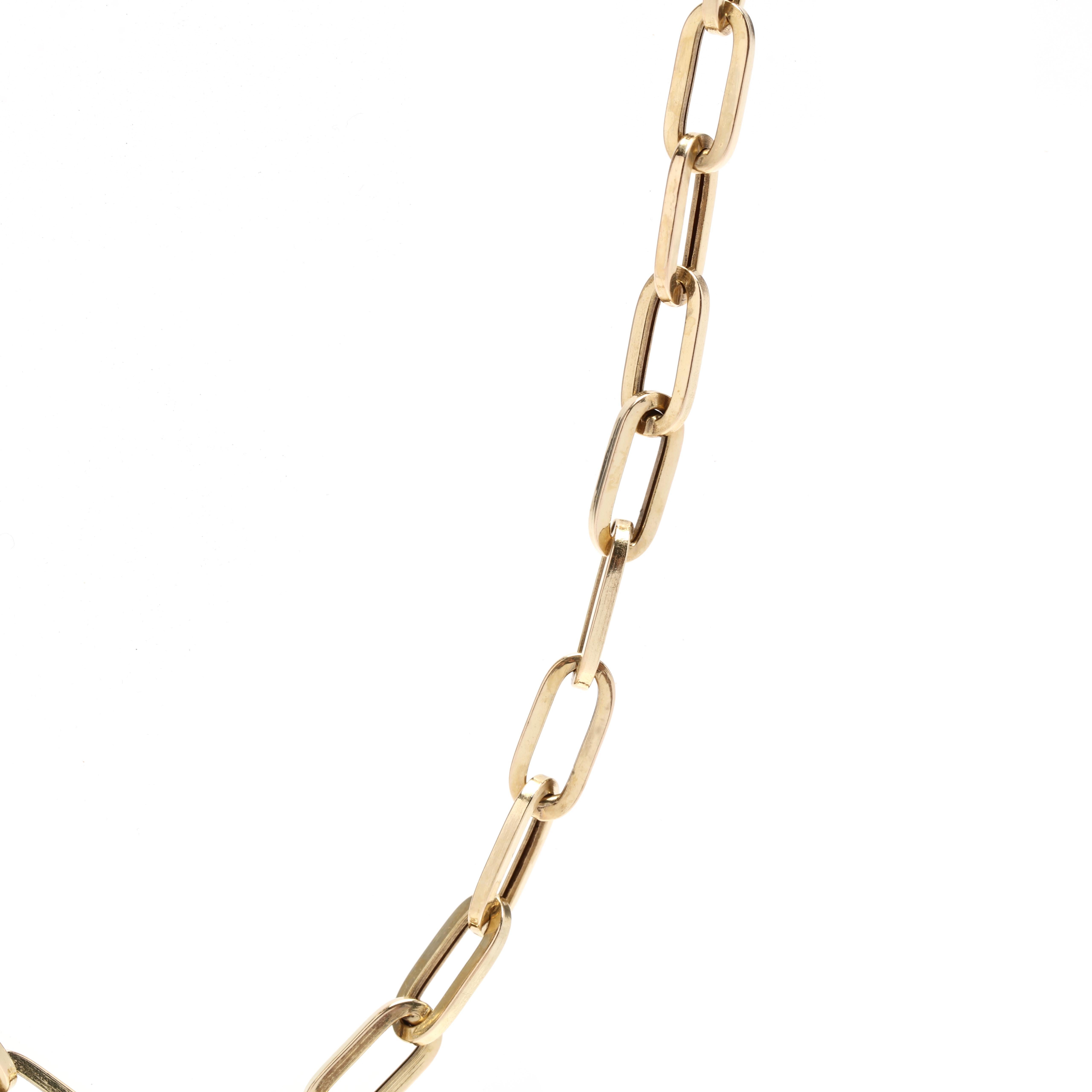 A vintage 14 karat yellow gold medium paperclip chain necklace. This simple chain features medium size, elongated oval links and with a lobster clasp.

Length: 18 in.

Width: 4.7 mm

Weight: 4.4 dwts. / 6.85 grams

Stamps: K14 ITALY

Ring Sizings &