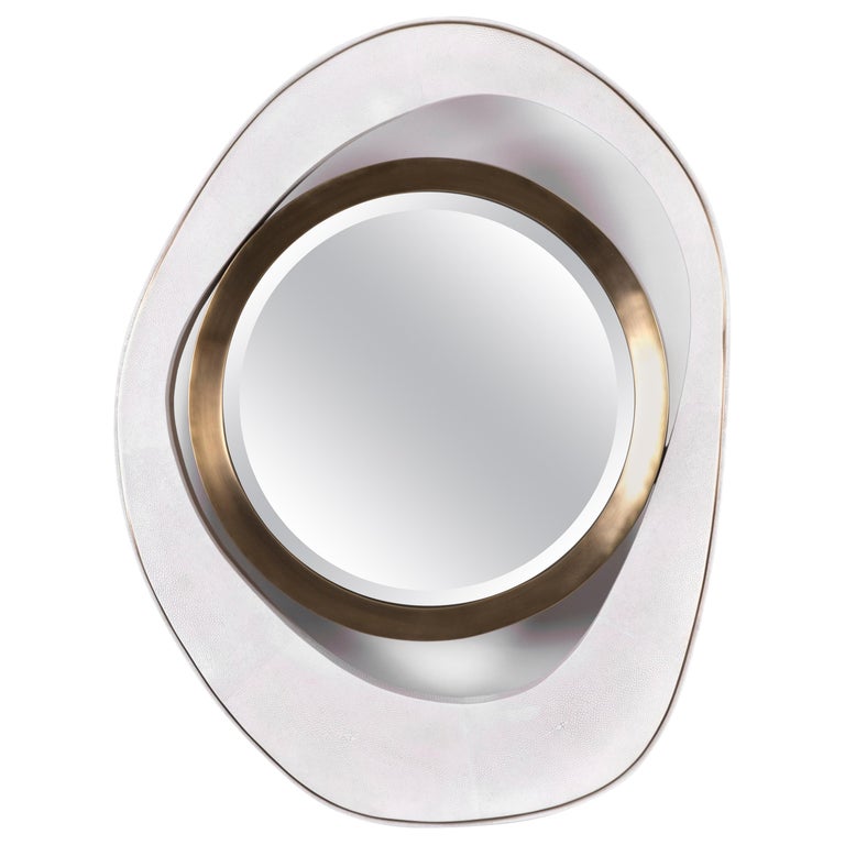 Medium "Peacock" Mirror in White Shagreen & Bronze-Patina Brass by R&Y Augousti For Sale