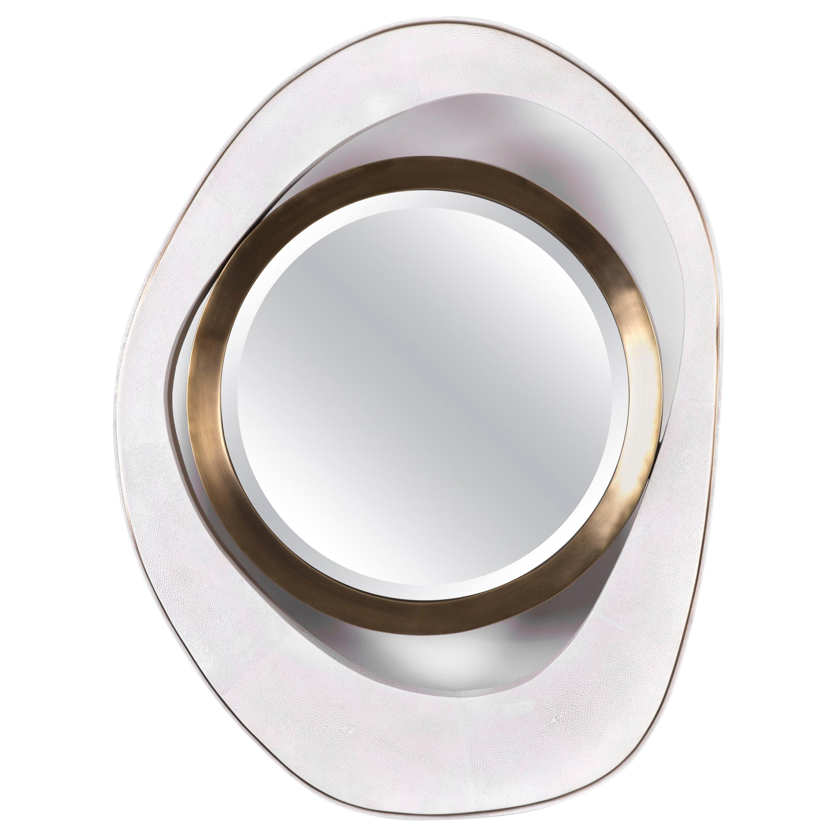 Medium "Peacock" Mirror in White Shagreen & Bronze-Patina Brass by R&Y Augousti