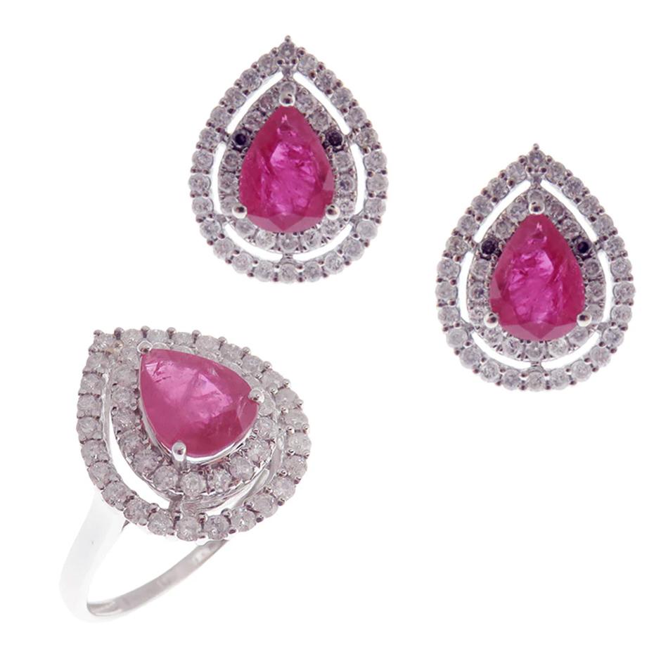 Pear ruby earring and ring set, all with a high polish finish. Available in 18K White Gold. 
Earring Information 
Diamond Type : Natural Diamond
Metal : 18K
Metal Color : White Gold
Diamond Carat Weight : 1.00ttcw
Rubies Carat Weight :