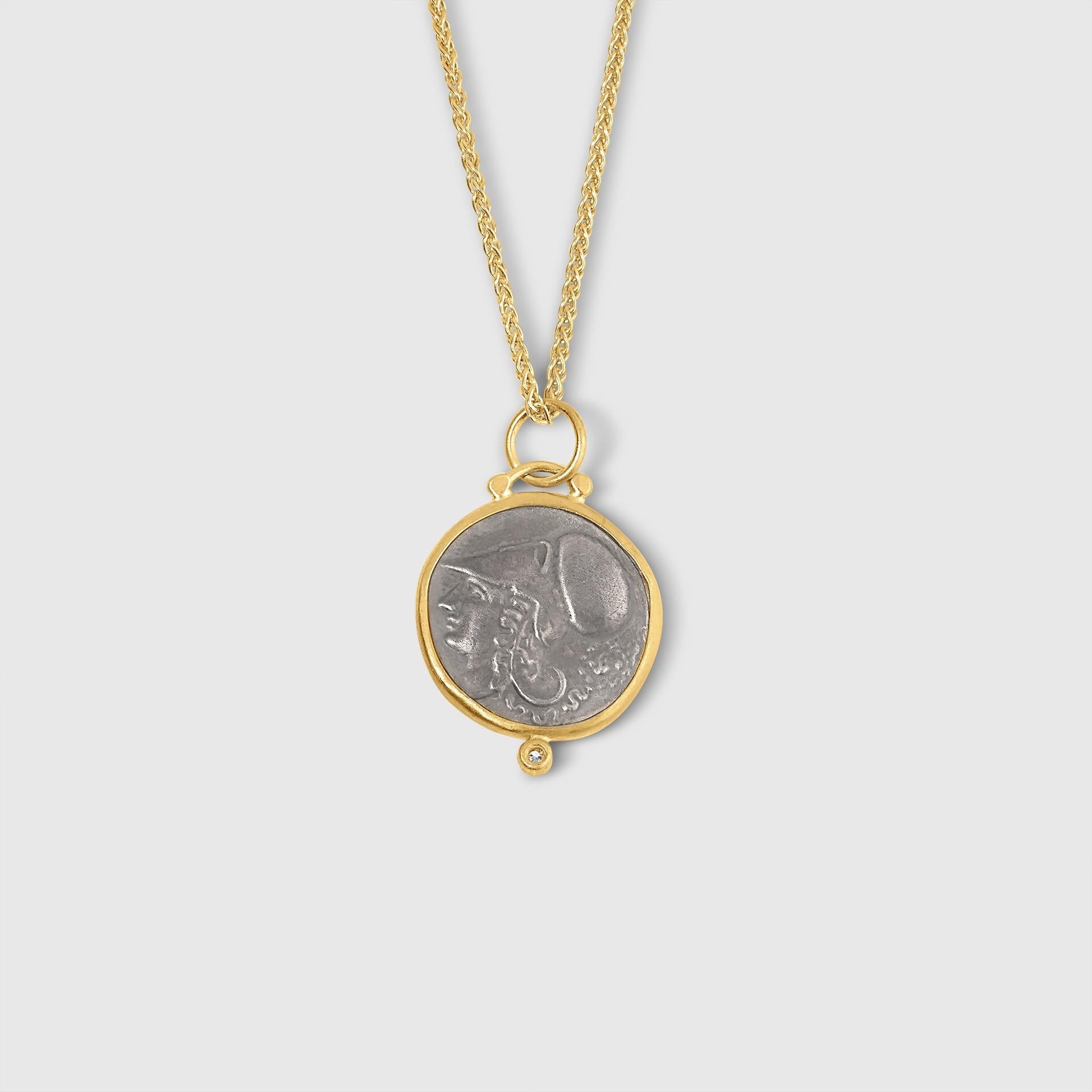 Contemporary Medium Pegasus Charm Pendant Necklace with Athena on Back and Diamond, 24kt Gold