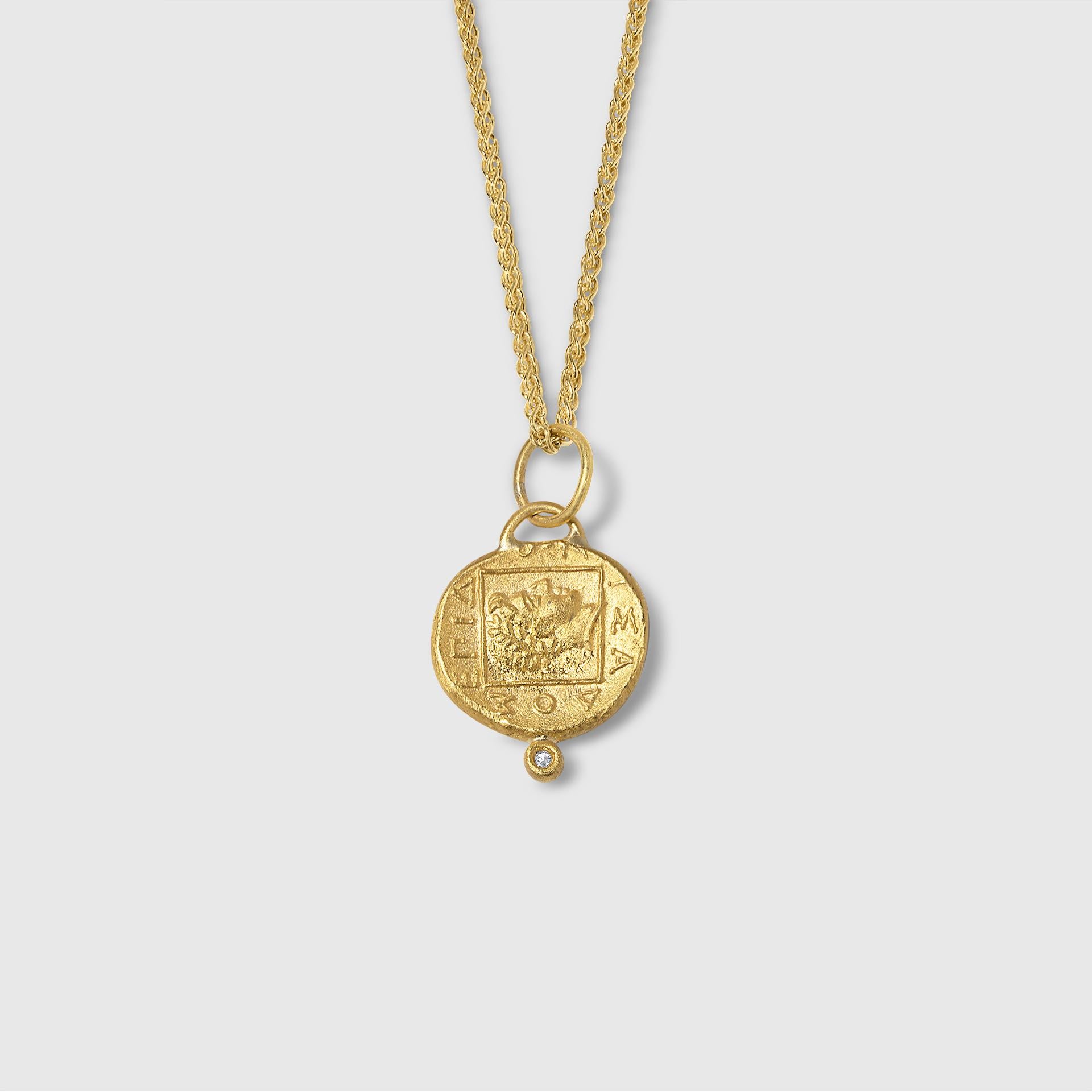 Taille ronde Collier pendentif à breloques Pégase moyen avec diamants, or massif 24 carats en vente