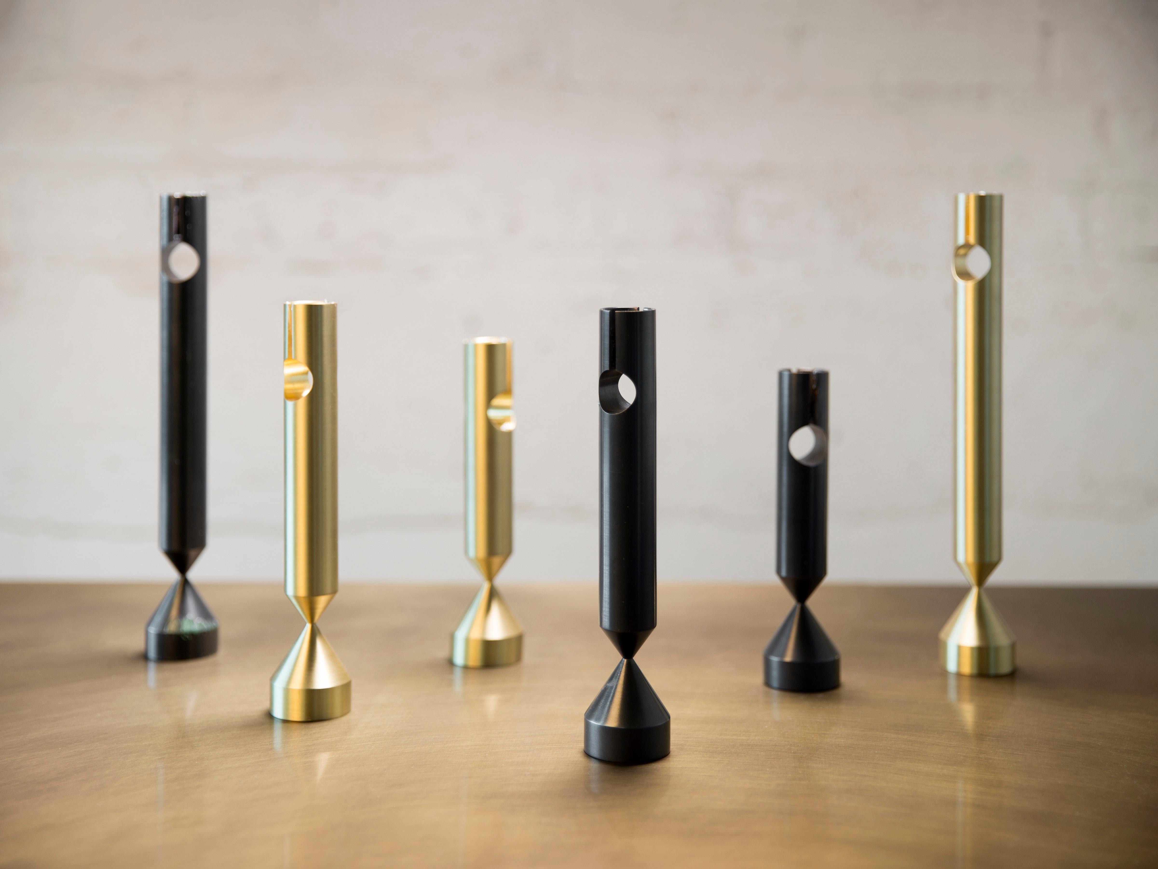 Post-Modern Medium Pillar Darkened Brass Candlestick by Gentner Design For Sale