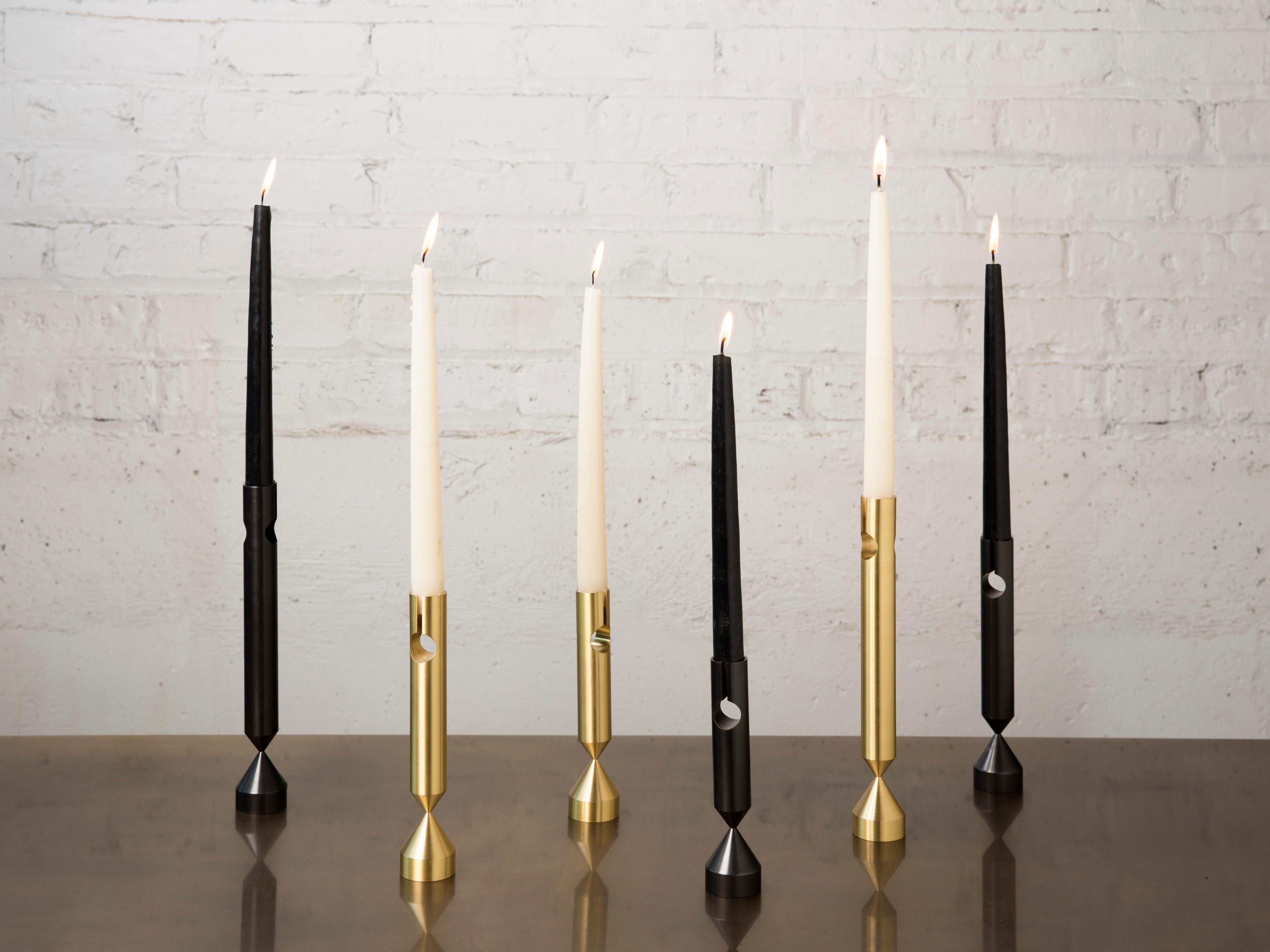 Medium Pillar Darkened Brass Candlestick by Gentner Design In New Condition For Sale In Geneve, CH