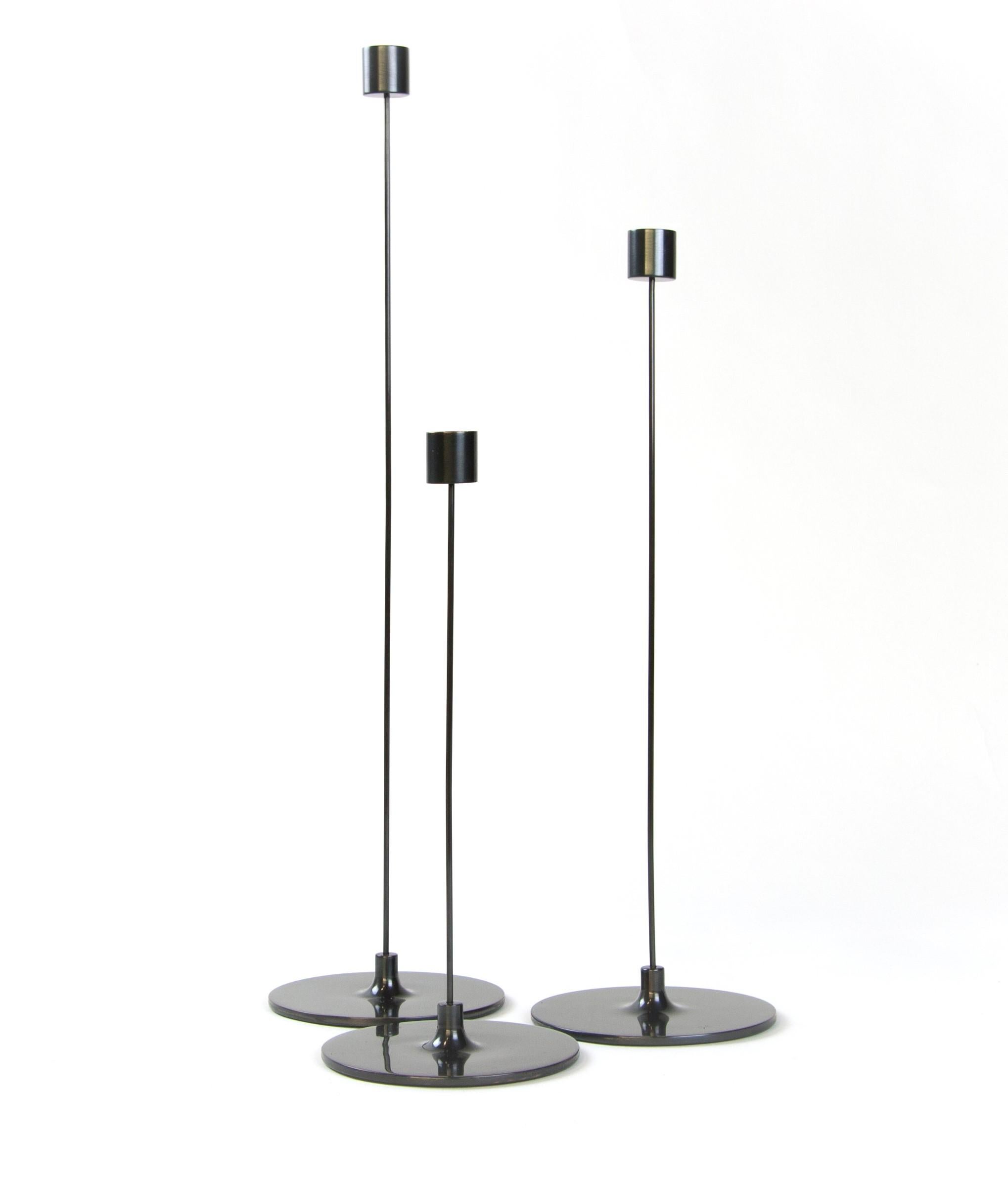 Post-Modern Medium Pin Darkened Brass Candlestick by Gentner Design For Sale