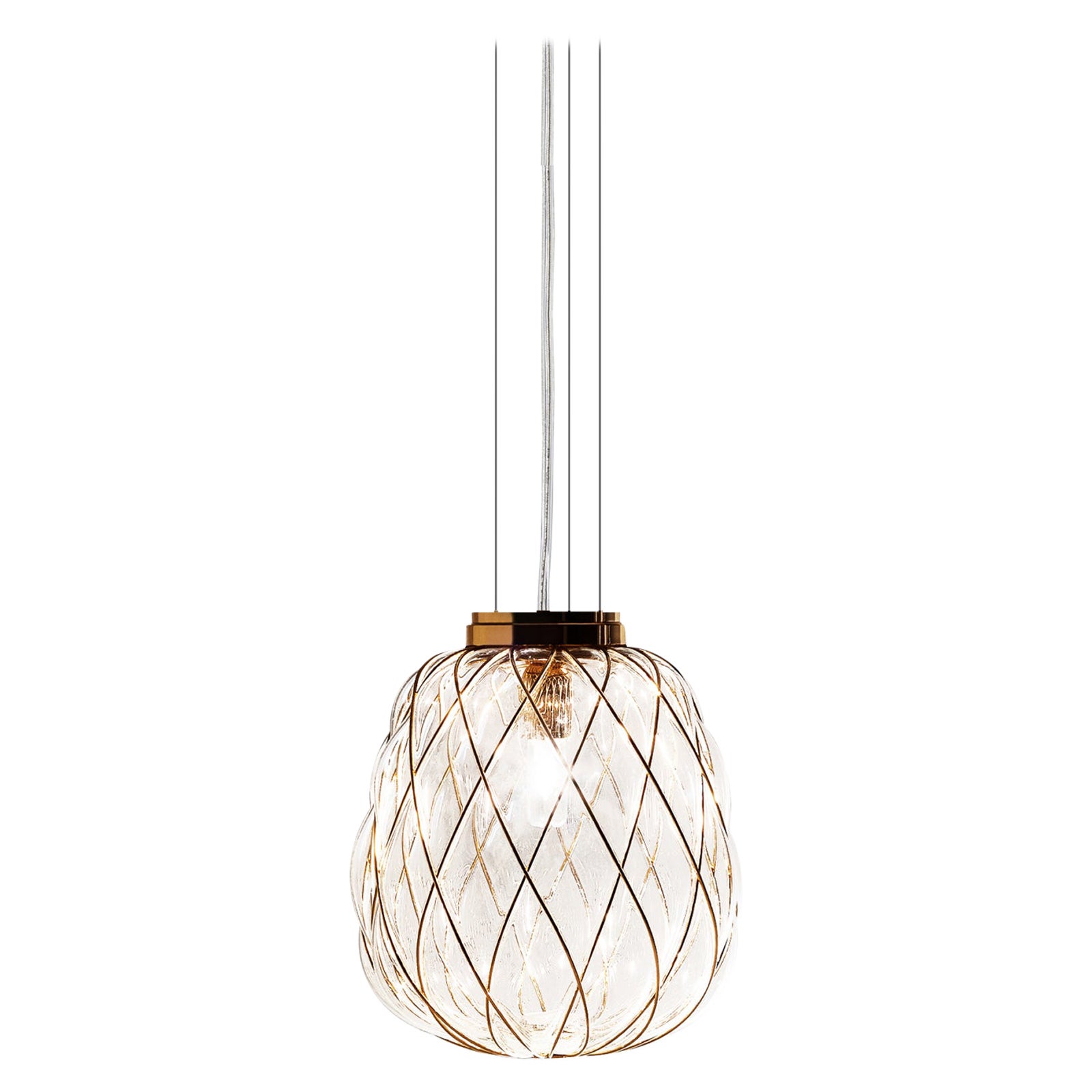 Mid-Century Modern Lampe à suspension Pinecone de taille moyenne en verre transparent et métal doré pour Fontana Arte en vente