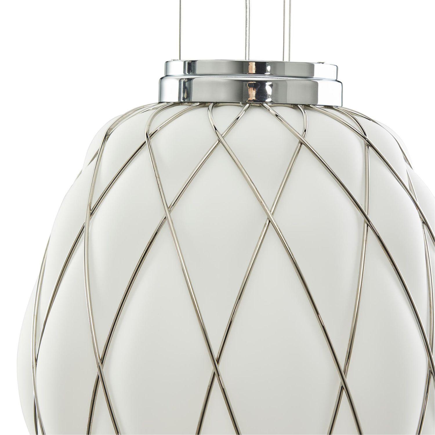 Italiano Lampada a sospensione media 'Pinecone' in vetro opalino e cromo per Fontana Arte in vendita
