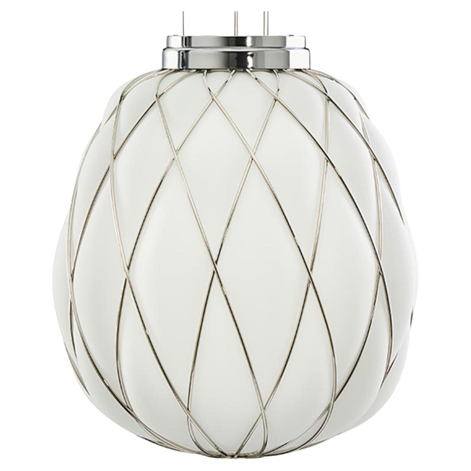 Medium 'Pinecone' Suspension Lamp in Opaline Glass & Chrome for Fontana Arte