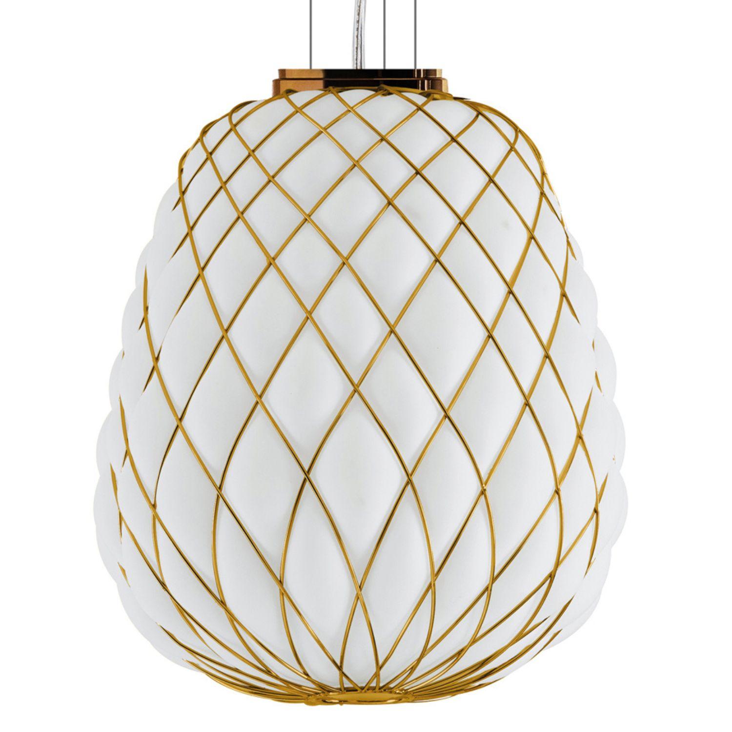 Medium 'Pinecone' Suspension Lamp in Opaline Glass & Gold Metal for Fontana Arte For Sale 9