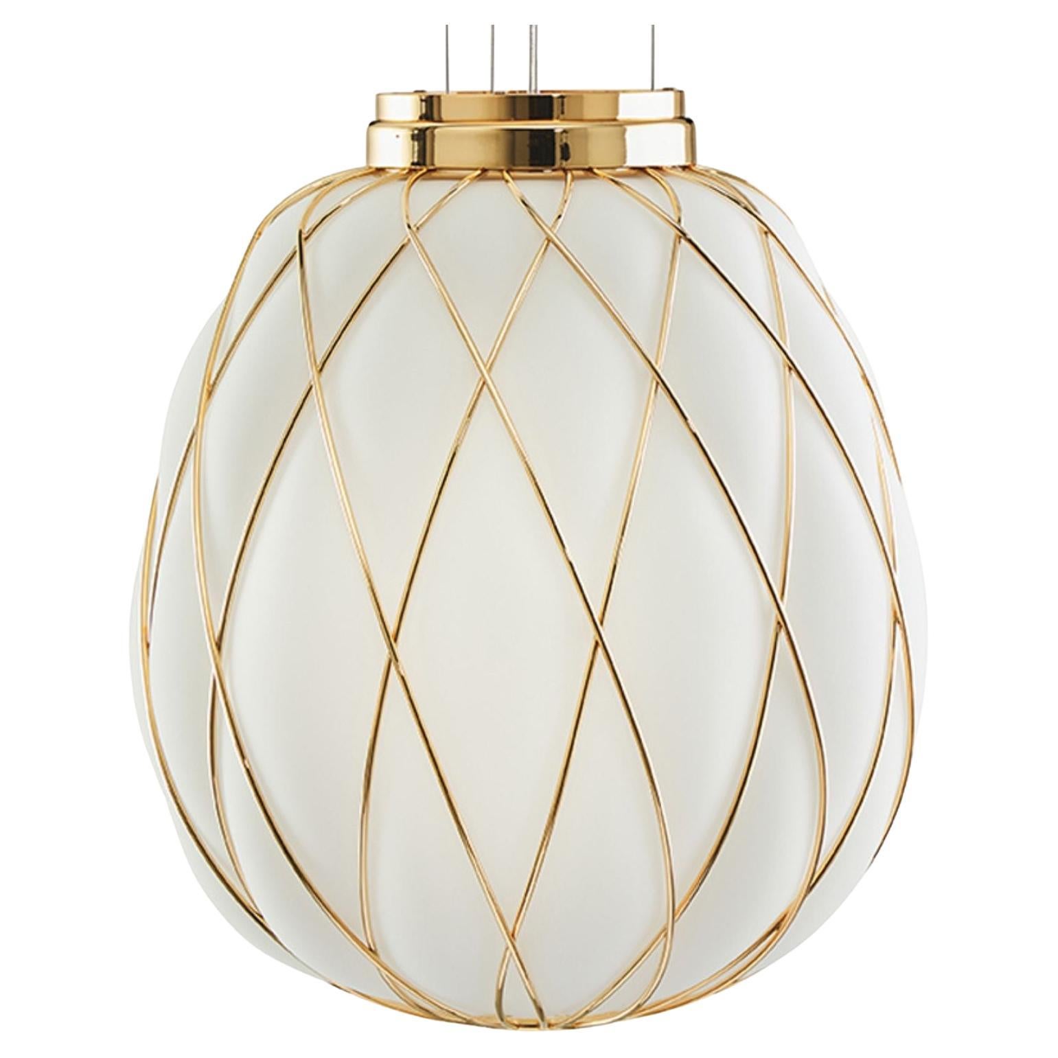 Medium 'Pinecone' suspension lamp in opaline glass & gold for Fontana Arte. 

Designed by Paola Navone, the diffuser is expertly handcrafted using the ancient caged-blown glass technique. Here, the glassmaker blows the molten glass blob into a metal