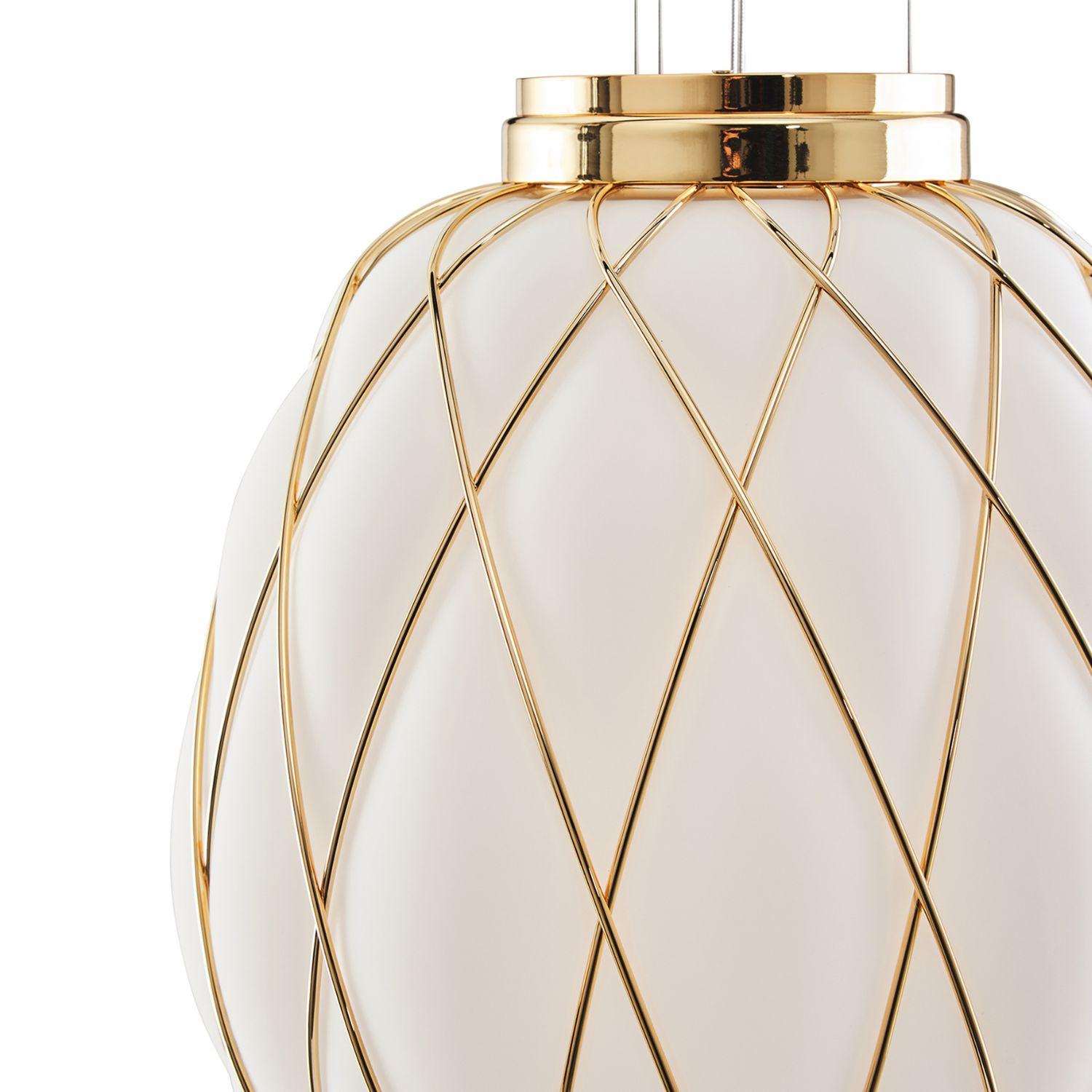 Italian Medium 'Pinecone' Suspension Lamp in Opaline Glass & Gold Metal for Fontana Arte For Sale