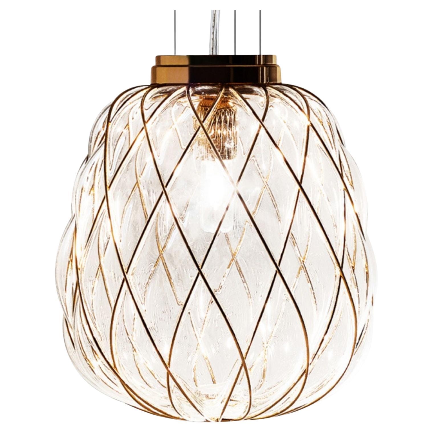 Medium 'Pinecone' Suspension Lamp in Opaline Glass & Gold Metal for Fontana Arte For Sale 2