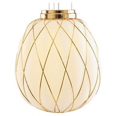 Medium 'Pinecone' Suspension Lamp in Opaline Glass & Gold Metal for Fontana Arte
