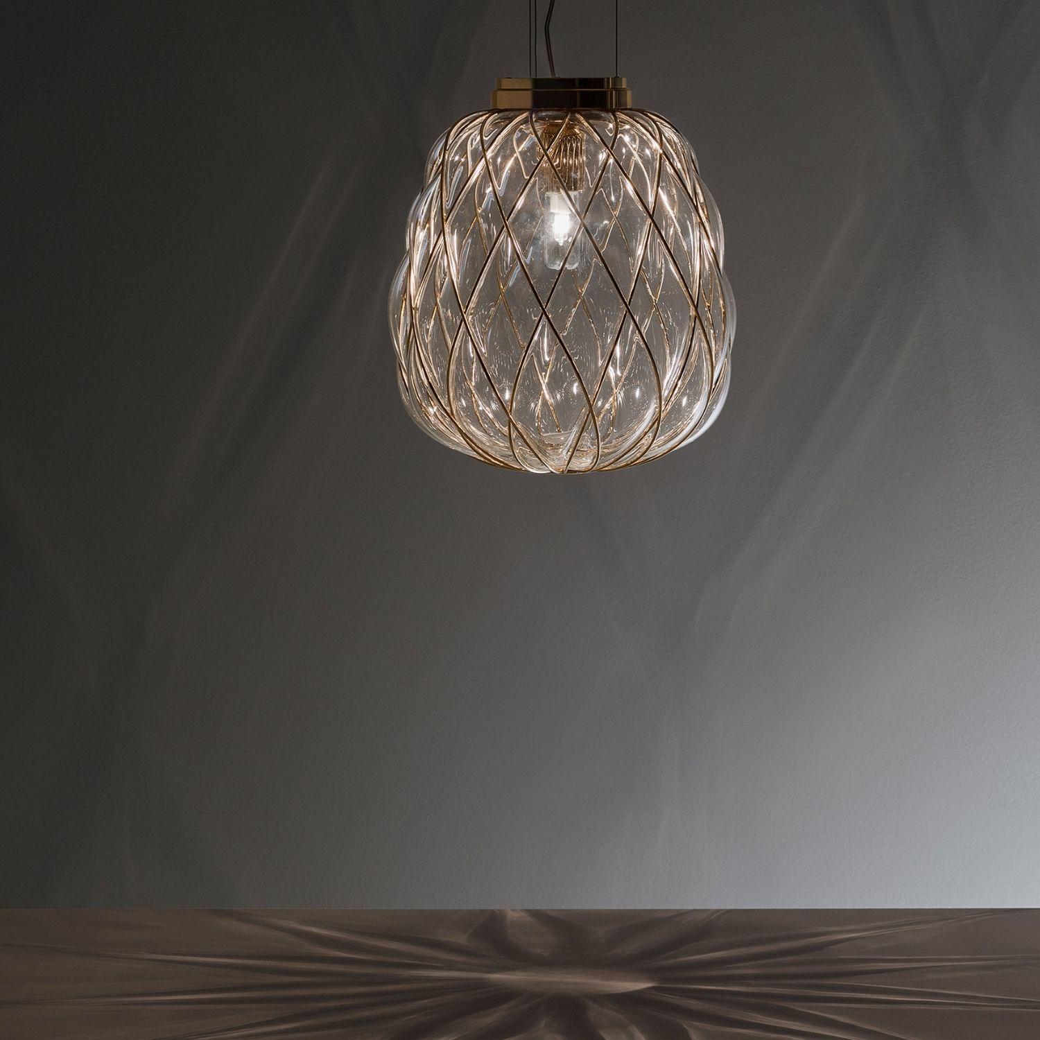 XXI secolo e contemporaneo Lampada a sospensione media 'Pinecone' in vetro trasparente e cromo per Fontana Arte in vendita