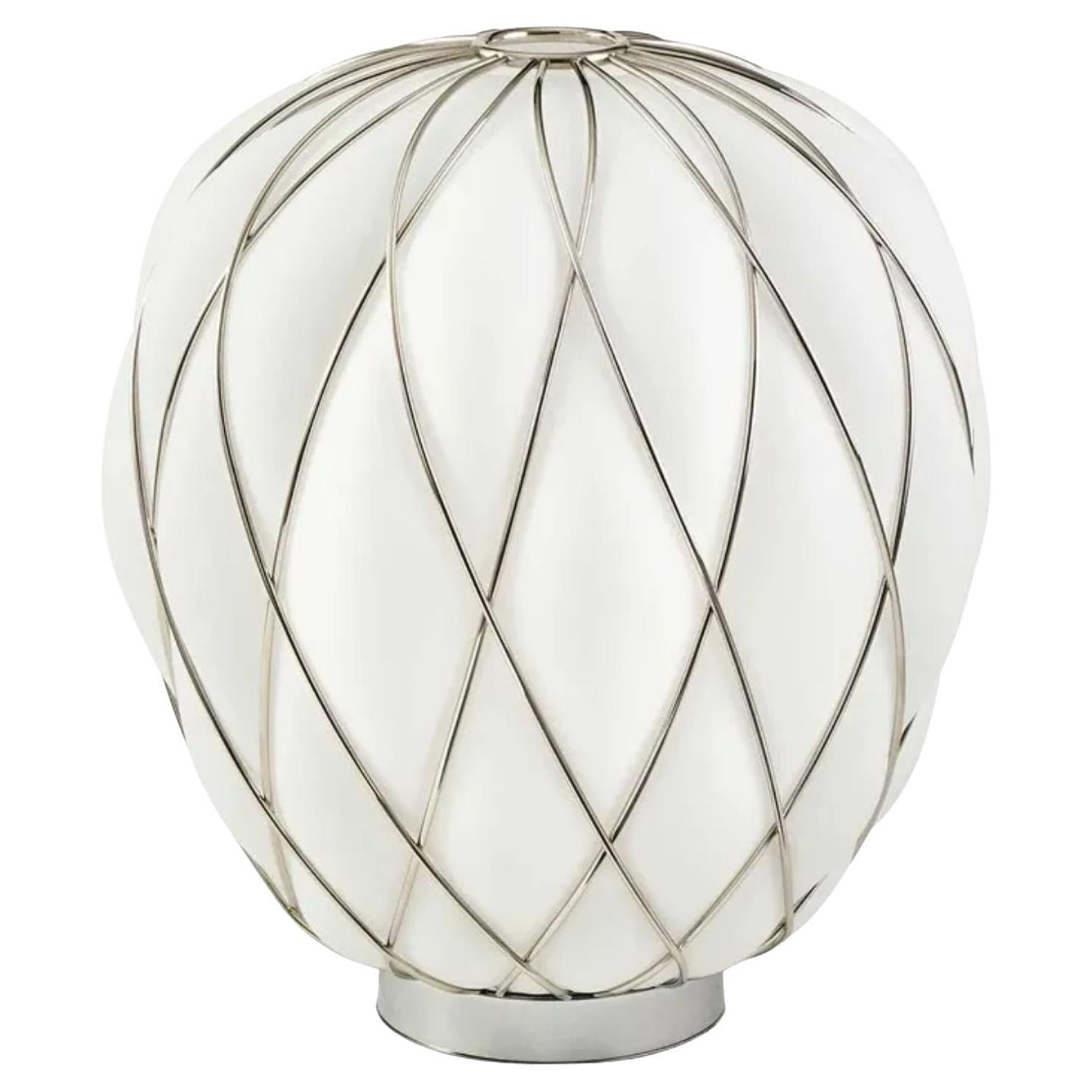 Lampada da tavolo media 'Pinecone' in vetro opalino e metallo cromato per Fontana Arte