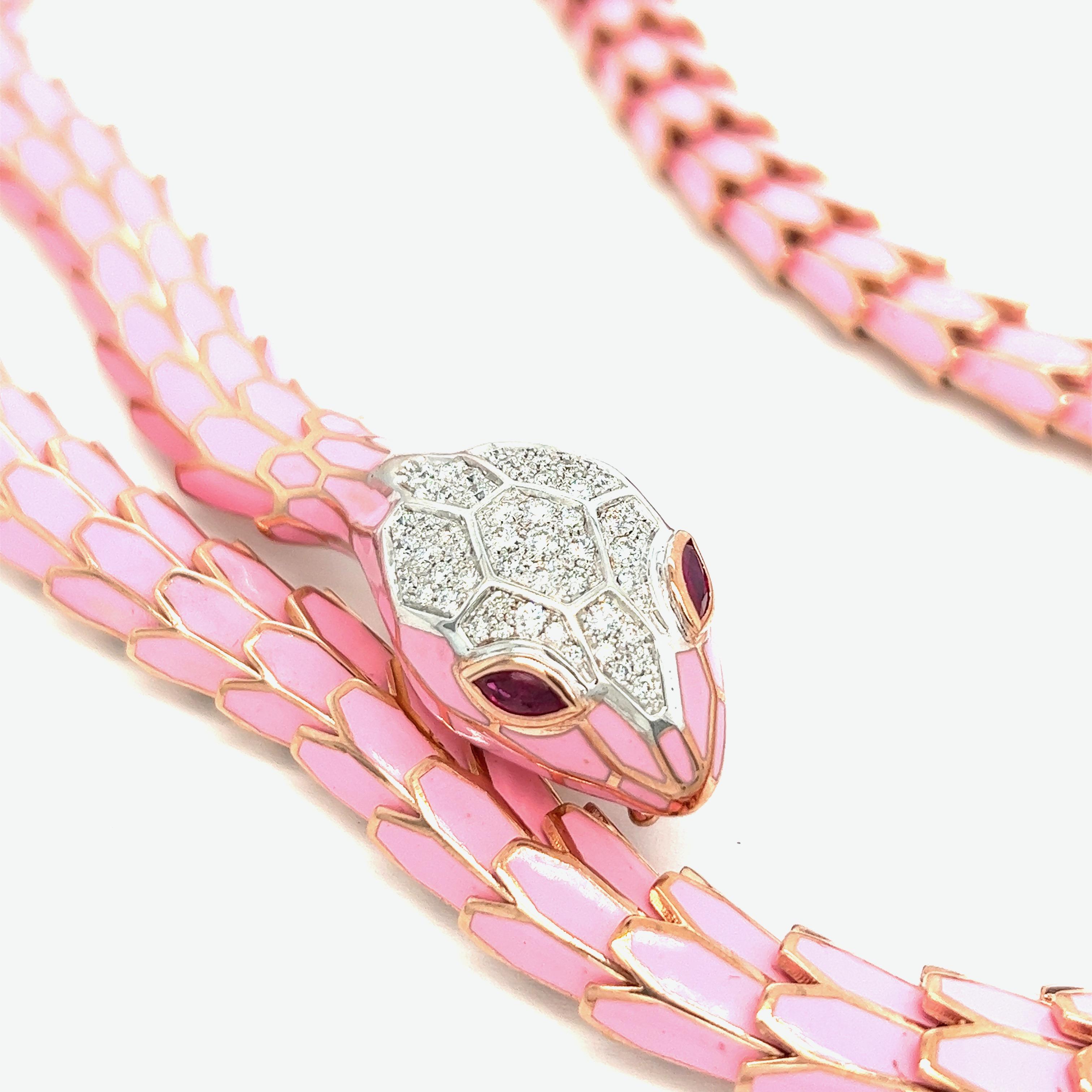 Contemporary Medium Pink Enamel Snake Necklace For Sale