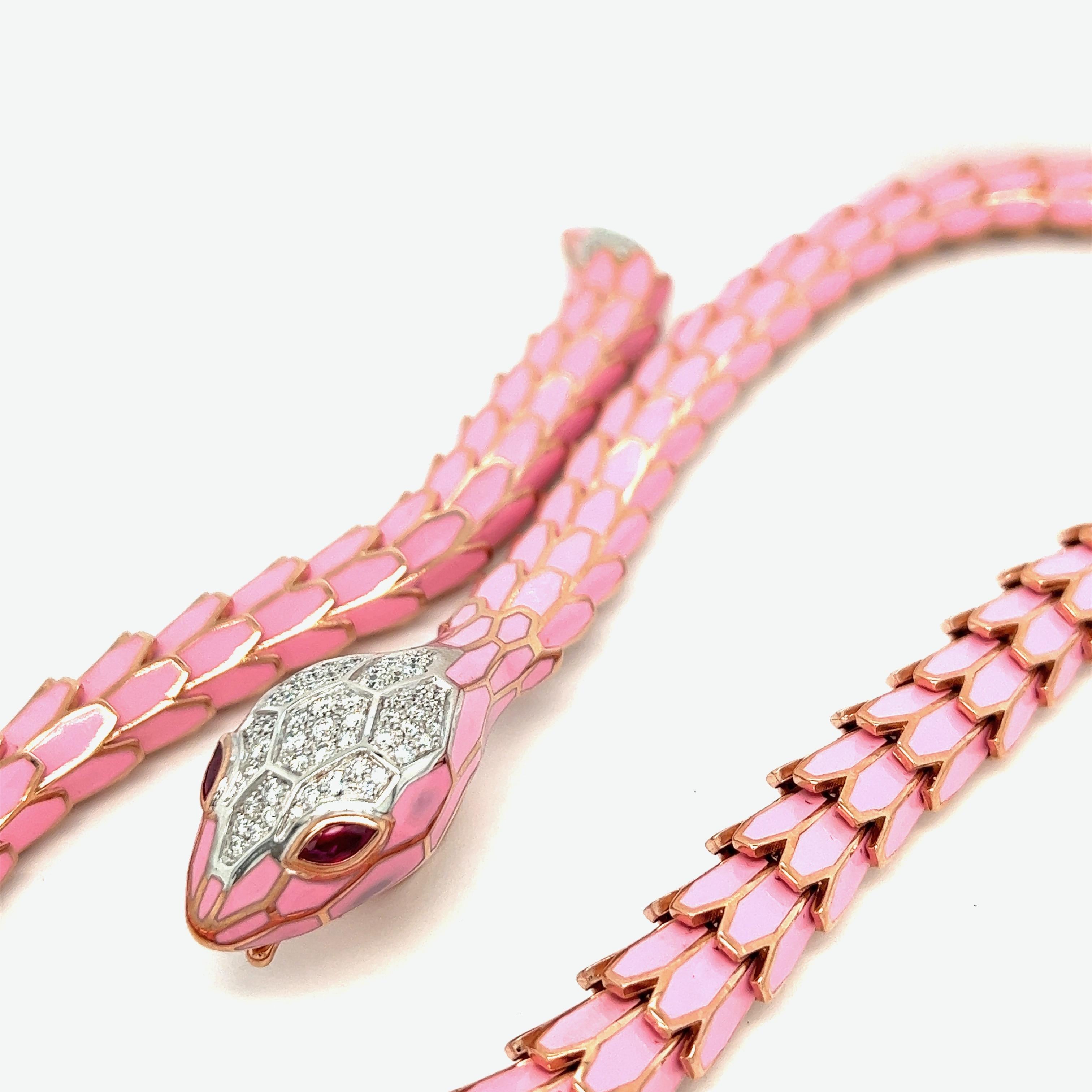 Medium Pink Enamel Snake Necklace In New Condition For Sale In New York, NY