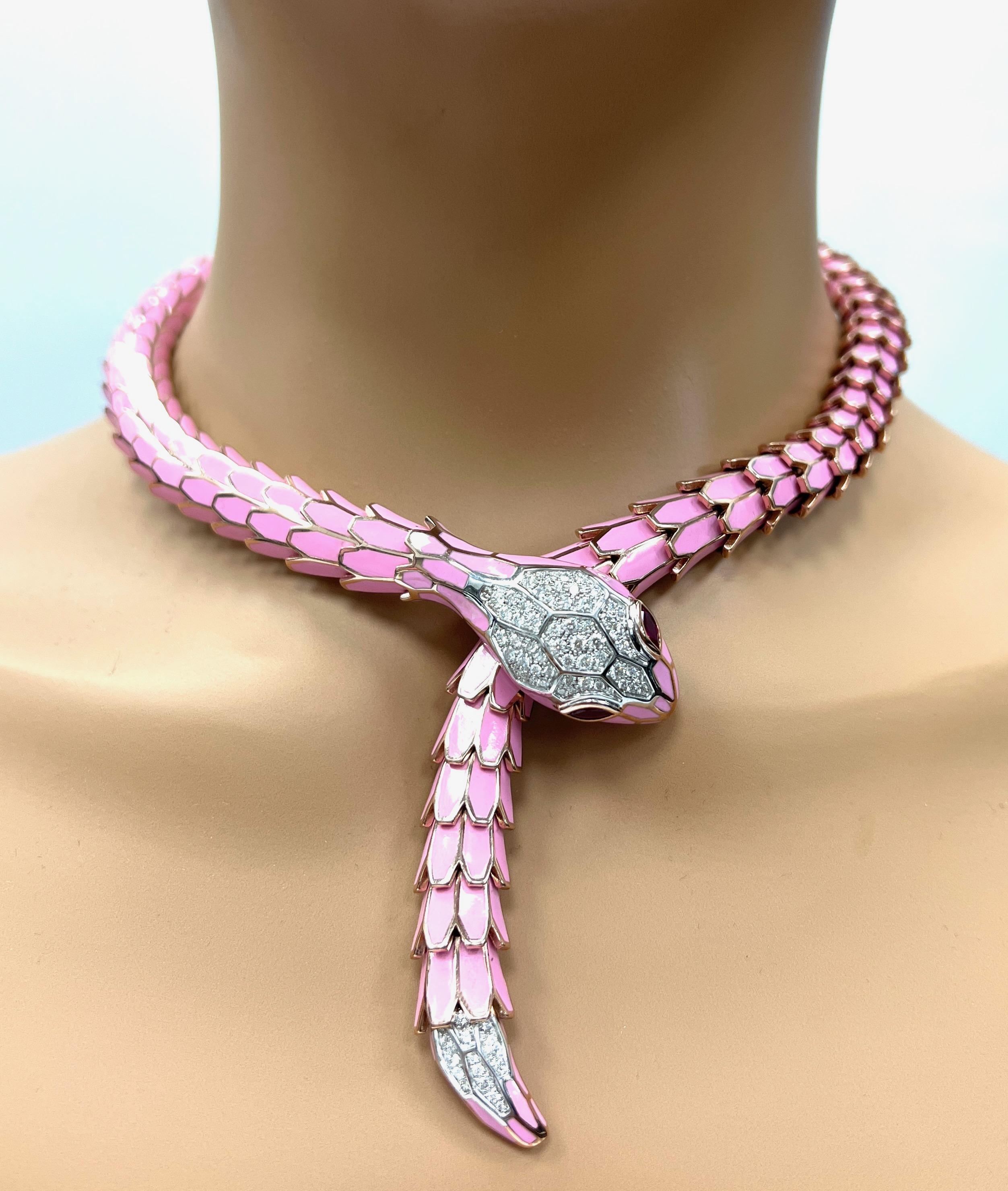 Medium Pink Enamel Snake Necklace For Sale 2
