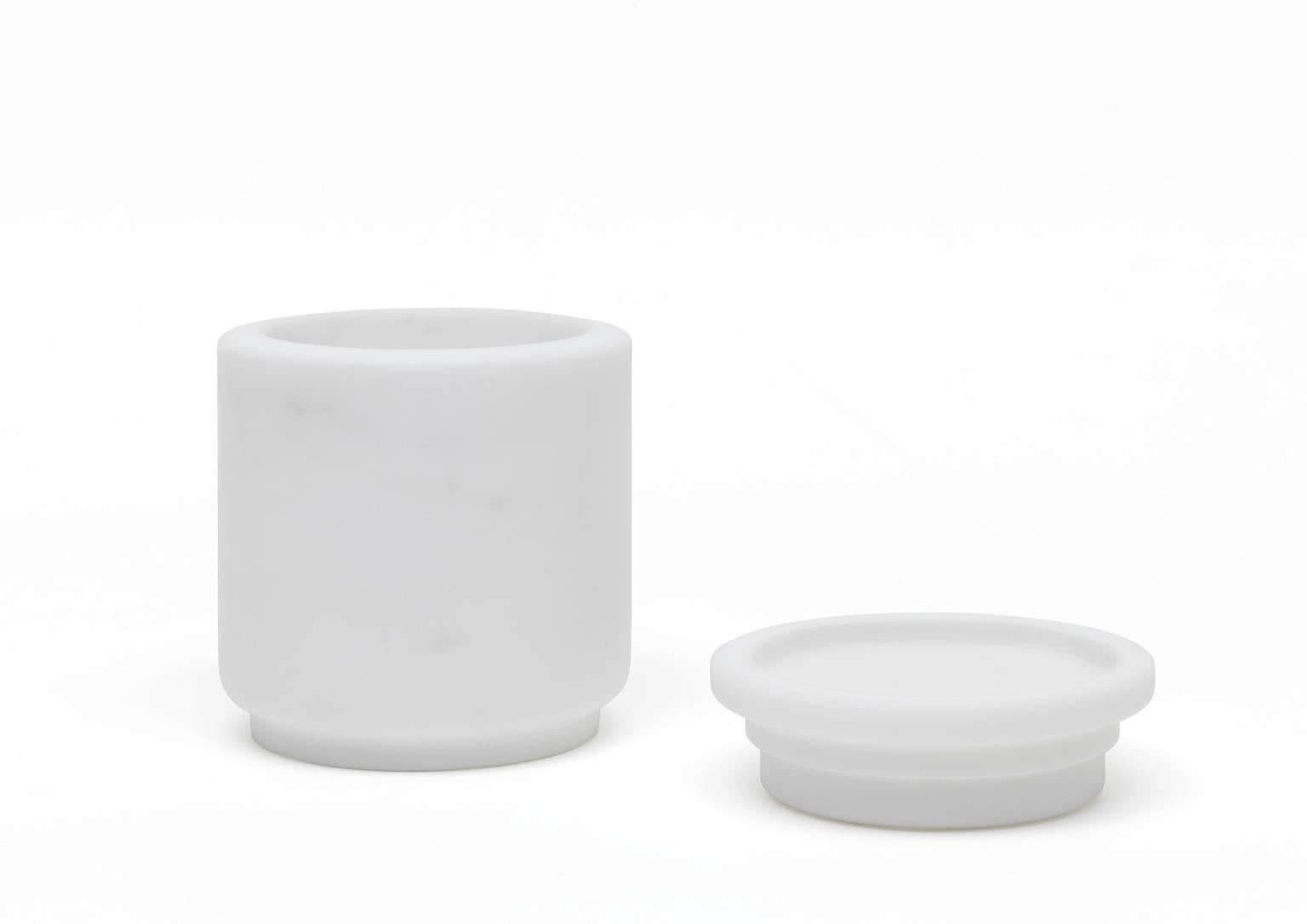 Pyxis pot or jar or container for multiple uses.
Size: 12.6 x 14.5 cm, smooth finishing. Commercial name: Pyxis M, Pyxis Collection by the Spanish Designer Ivan Colominas. Available also in black Marquinia marble and different sizes. Made in Italy,