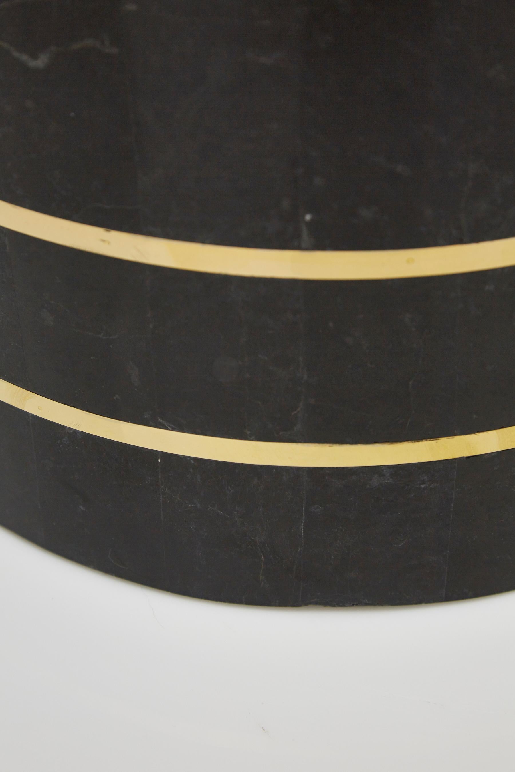 Philippine Medium Round Tessellated Black Stone Planter with Brass Detailing, 1980s
