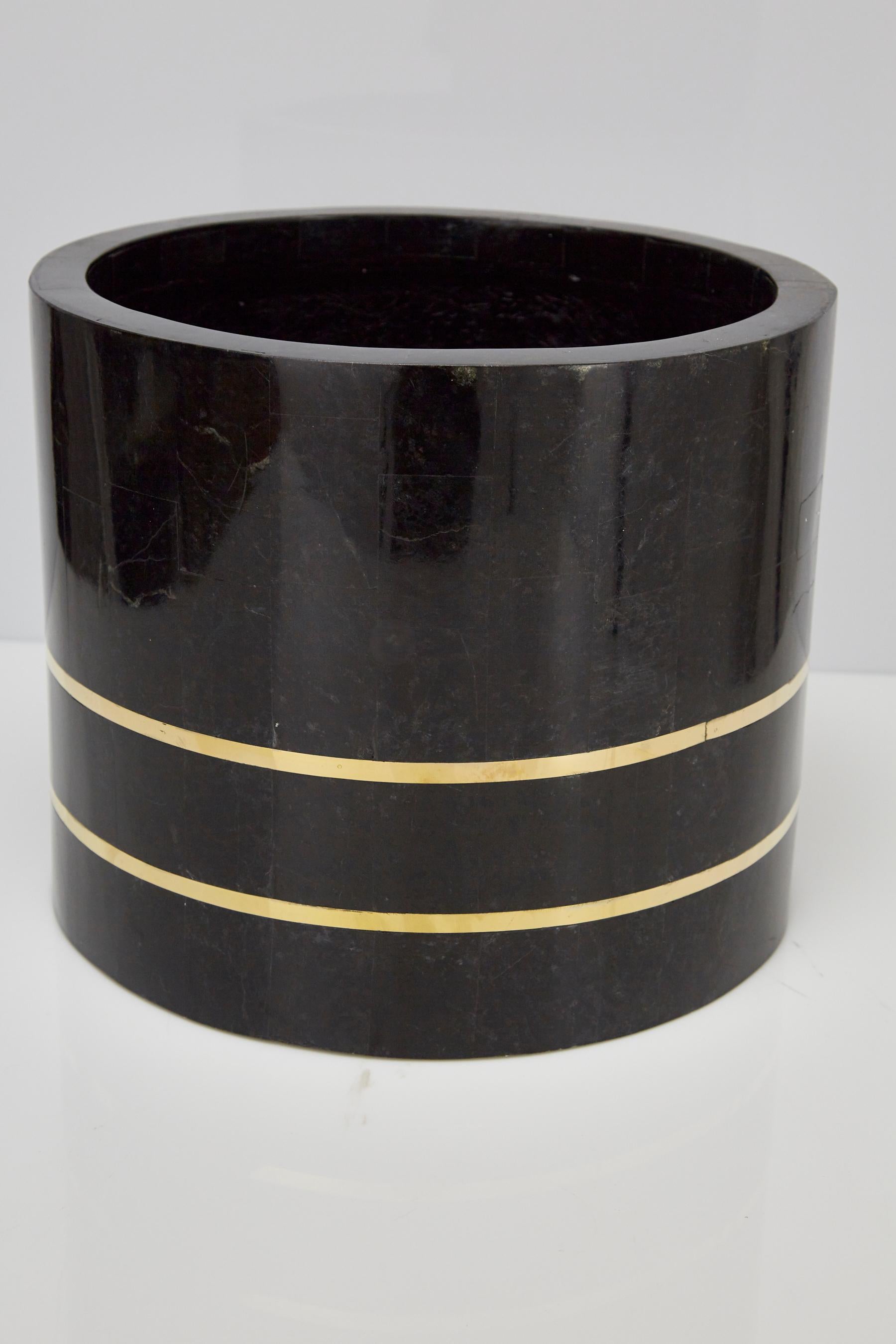 Medium Round Tessellated Black Stone Planter with Brass Detailing, 1980s 2