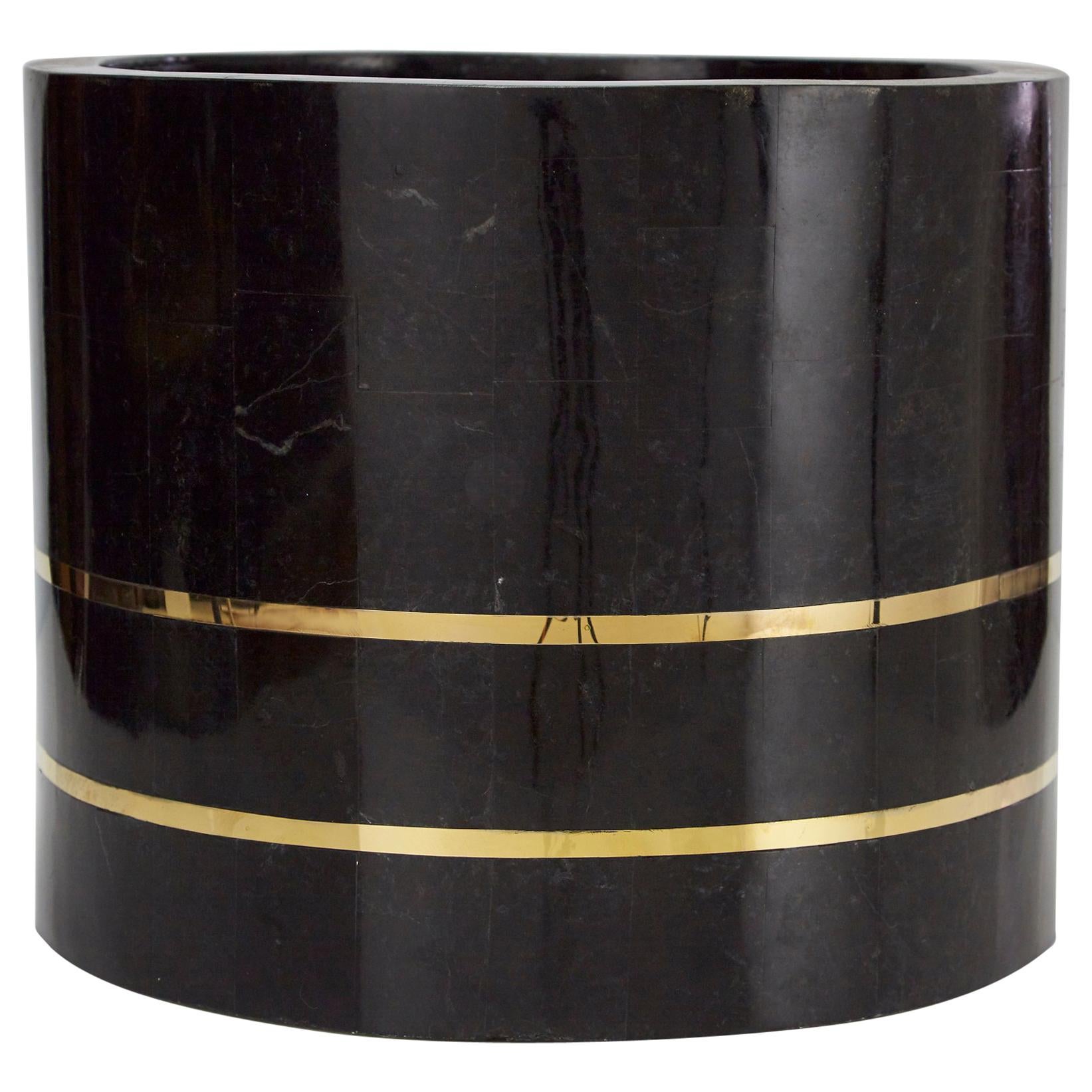 Medium Round Tessellated Black Stone Planter with Brass Detailing, 1980s