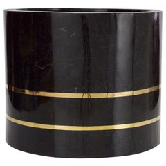 Medium Round Tessellated Black Stone Planter with Brass Detailing, 1980s