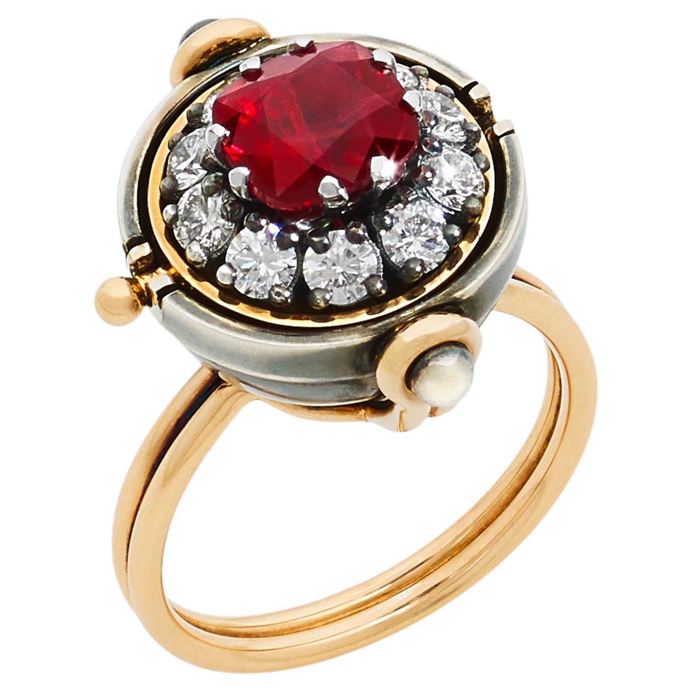 Medium Ruby & Diamond Sphere Ring in 18k Yellow Gold by Elie Top