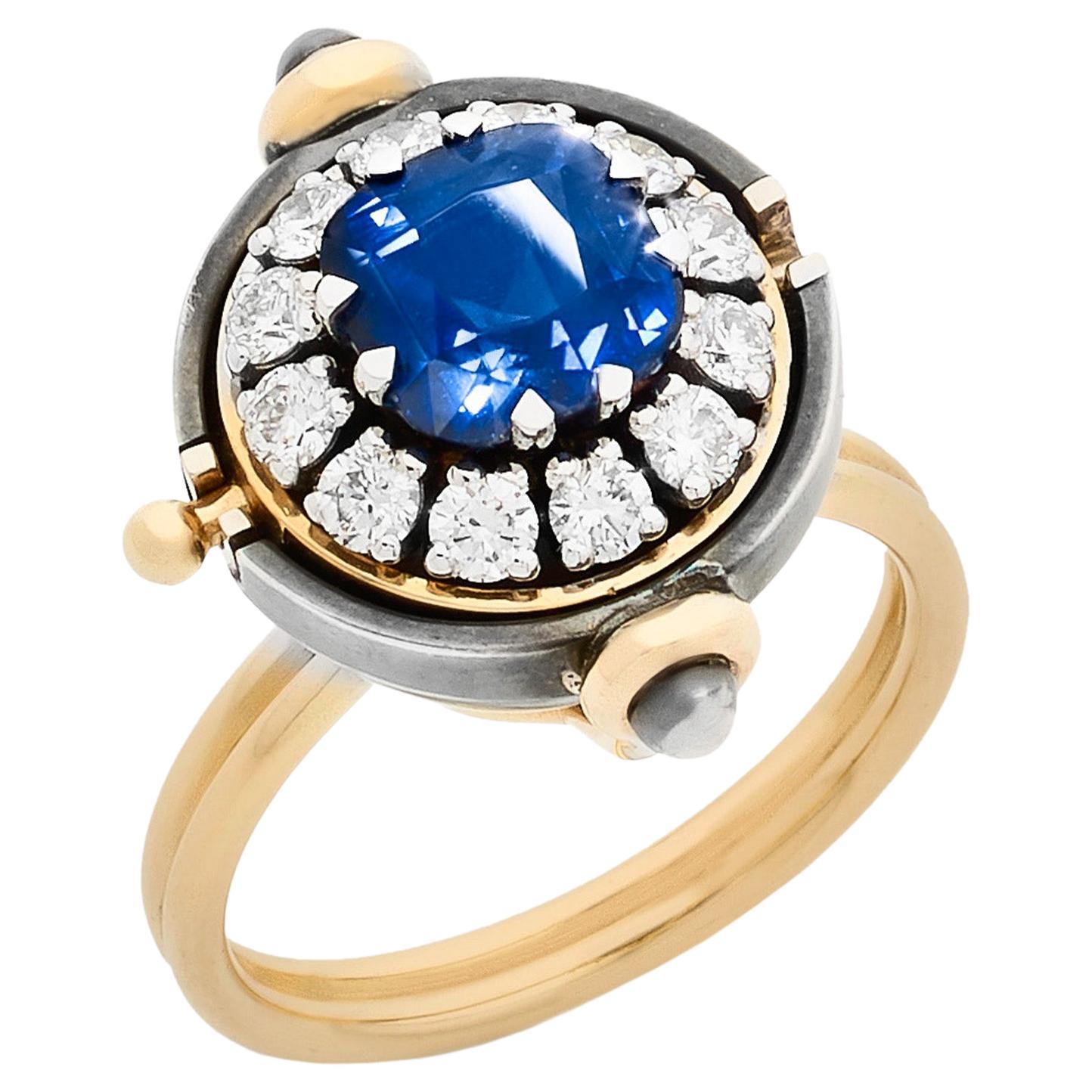 Medium Sapphire & Diamonds Sphere Ring in 18k Yellow Gold by Elie Top For Sale