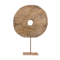 Medium Size 1920s French Wooden Wheel Mounted on Custom Metal Stand