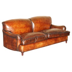 MEDIUM SiZE GEORGE SMITH HOWARD & SON'S BROWN LEATHER SIGNATURE SCROLL ARM SOFA
