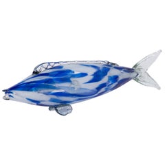 Medium Size Murano Bleu and White Glass Fish, Italy, circa 1970