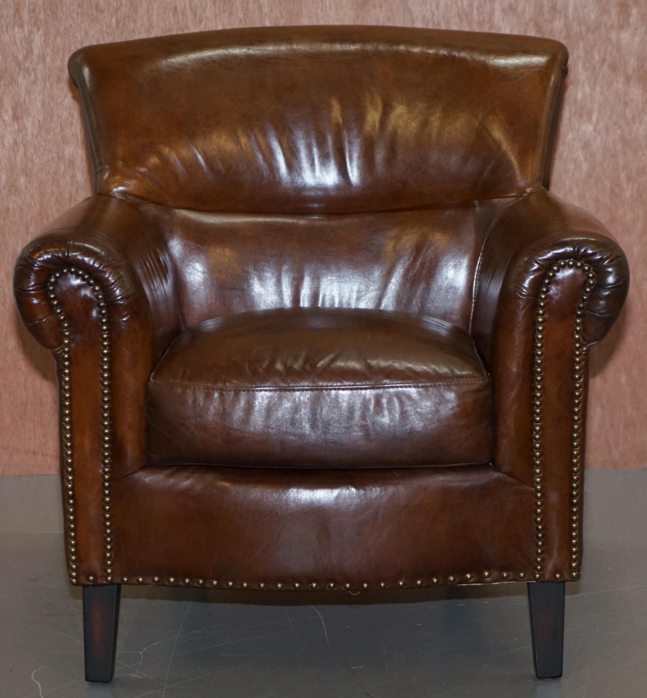 We are delighted to offer for sale this lovely Timothy Oulton designed Halo heritage brown leather armchair

This armchair is part of a large suite

This piece is in lovely order throughout, the leather is designed to look 100+ years old from