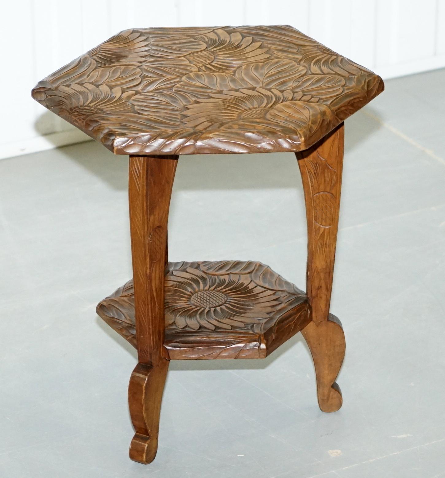 We are delighted to offer for sale this lovely Liberty’s London 1905 Japanese mahogany jardinière plant pot stand

A good looking piece, its hand carved from top to bottom with floral detailing, I have another of these larger and narrower listed