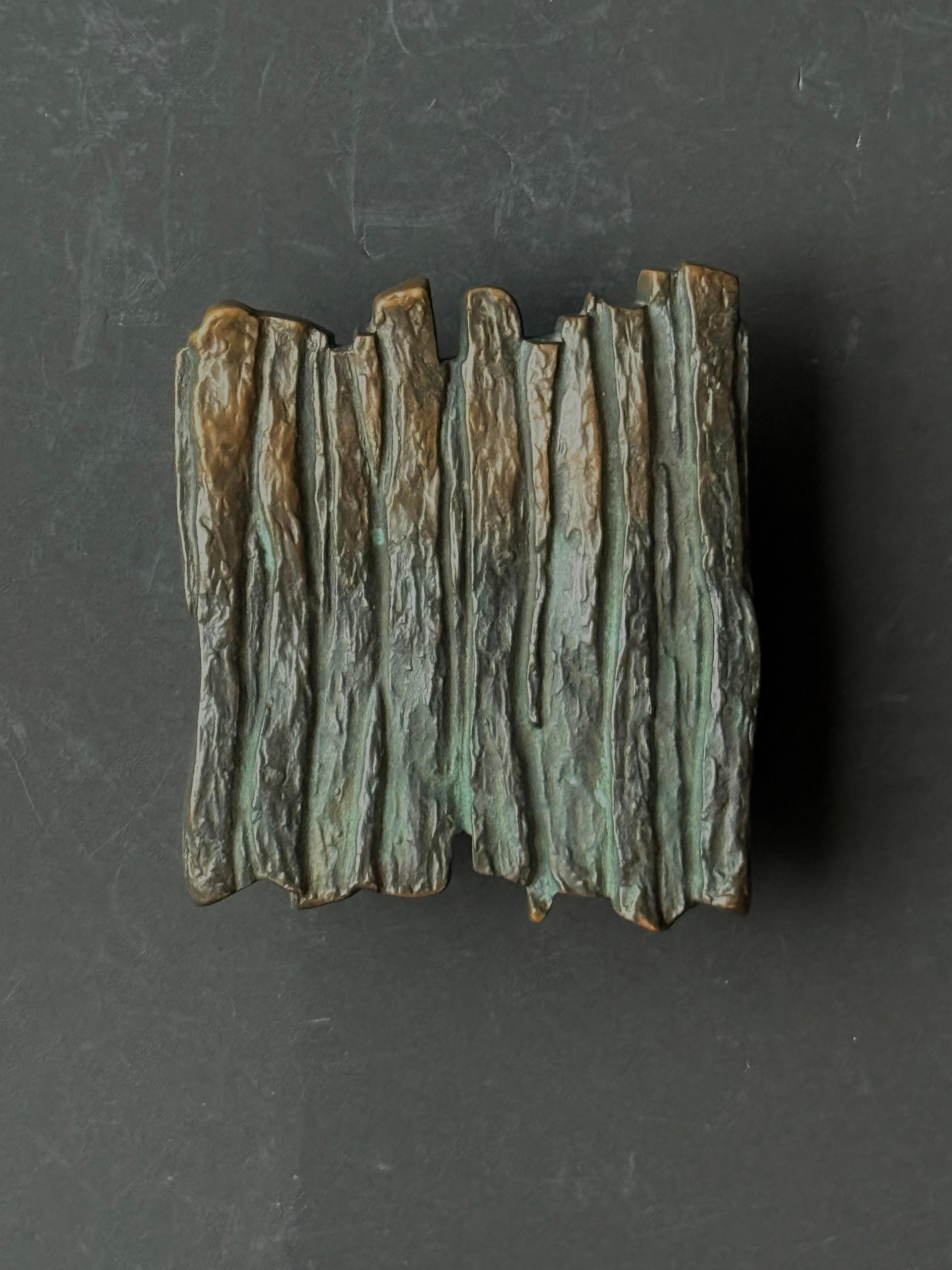 A medium-sized cast and patinated bronze push or pull door handle, with raised bark or rock pattern. Second half 20th century, found in Germany.

This piece is in good vintage condition in tones of mid-brown to deep gold, with age-appropriate wear