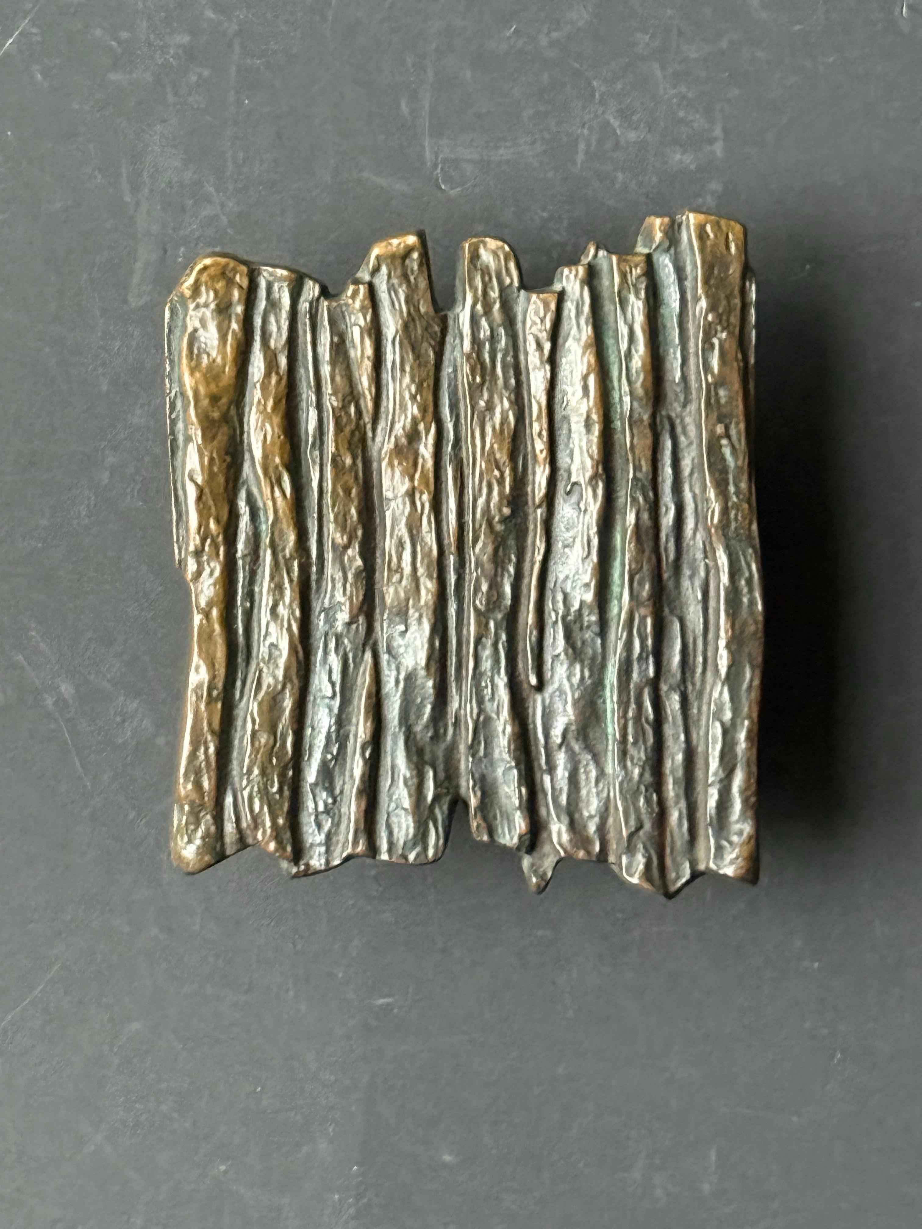 A medium-sized cast and patinated bronze push or pull door handle, with raised bark or rock pattern. Second half 20th century, found in Germany.

This piece is in good vintage condition in tones of mid-brown to deep gold, with age-appropriate wear