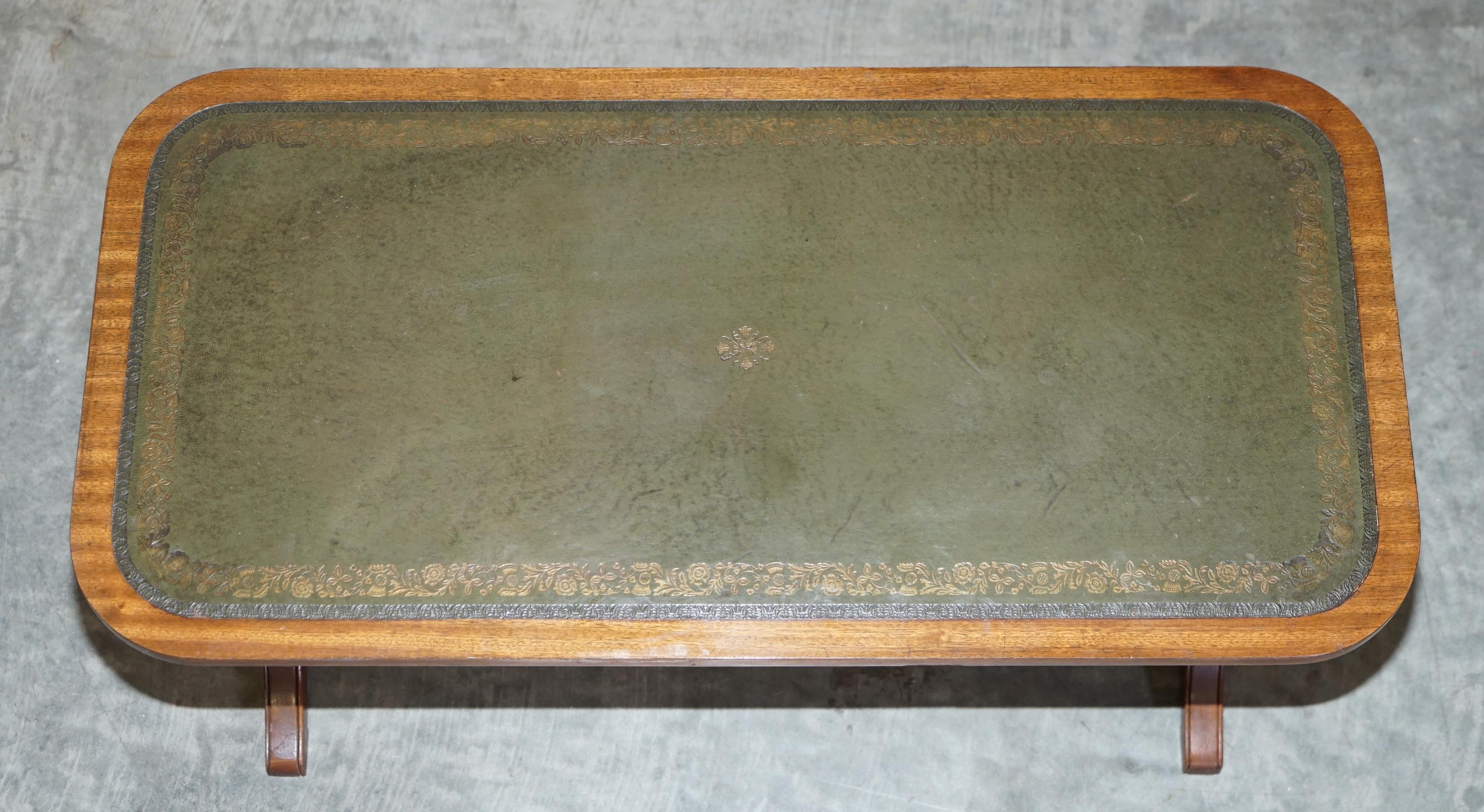 Victorian Medium Sized Green Leather & Hardwood Bevan Funnell Coffee Table Nice Patina For Sale