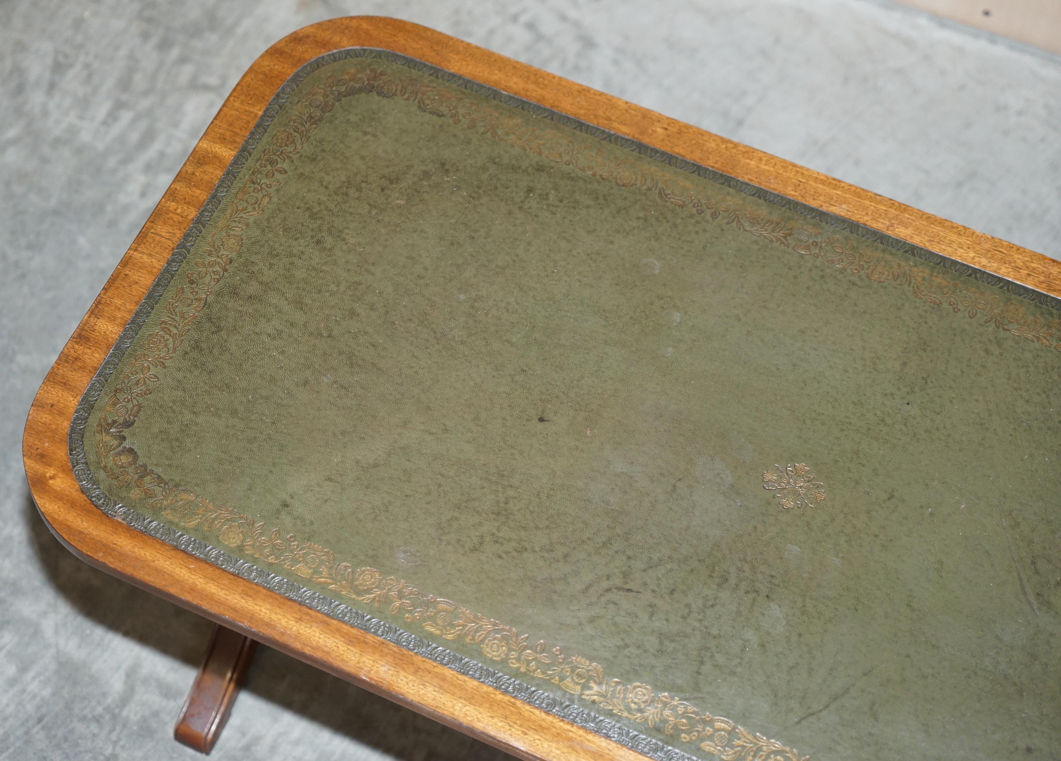 English Medium Sized Green Leather & Hardwood Bevan Funnell Coffee Table Nice Patina For Sale