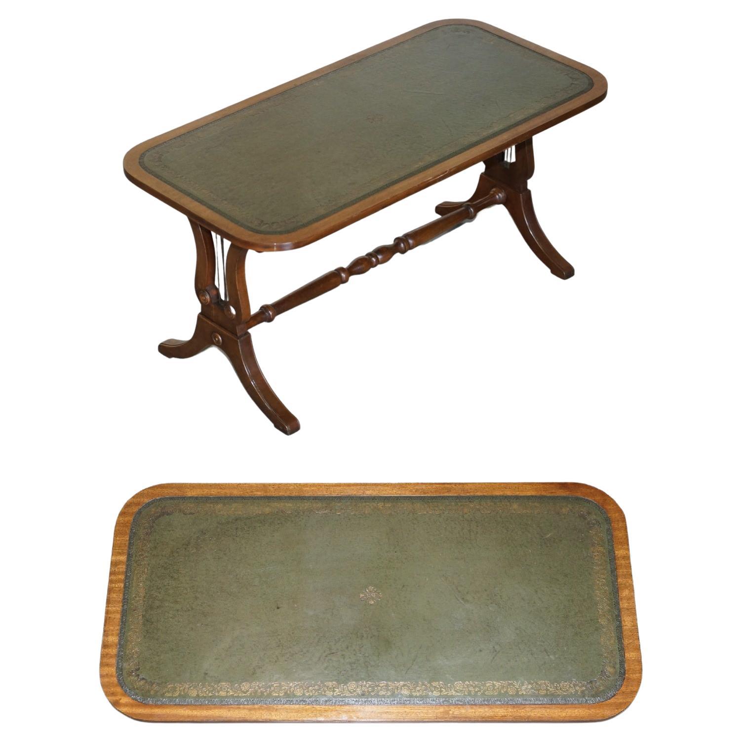 Medium Sized Green Leather & Hardwood Bevan Funnell Coffee Table Nice Patina For Sale