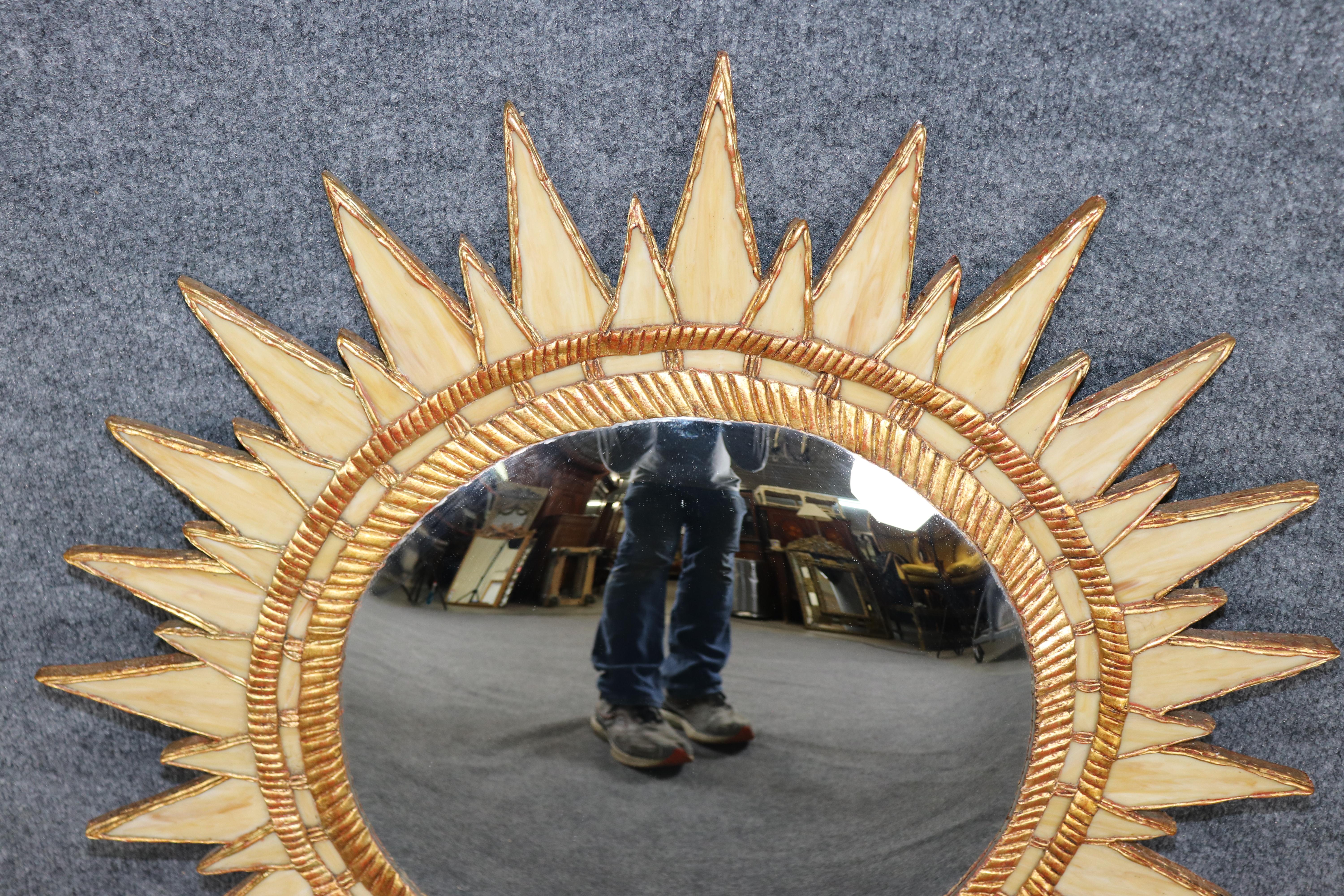 Mid-Century Modern Medium Sized Slag Glass Italian Gilded Sunburst Sun Burst Convex Mirror For Sale
