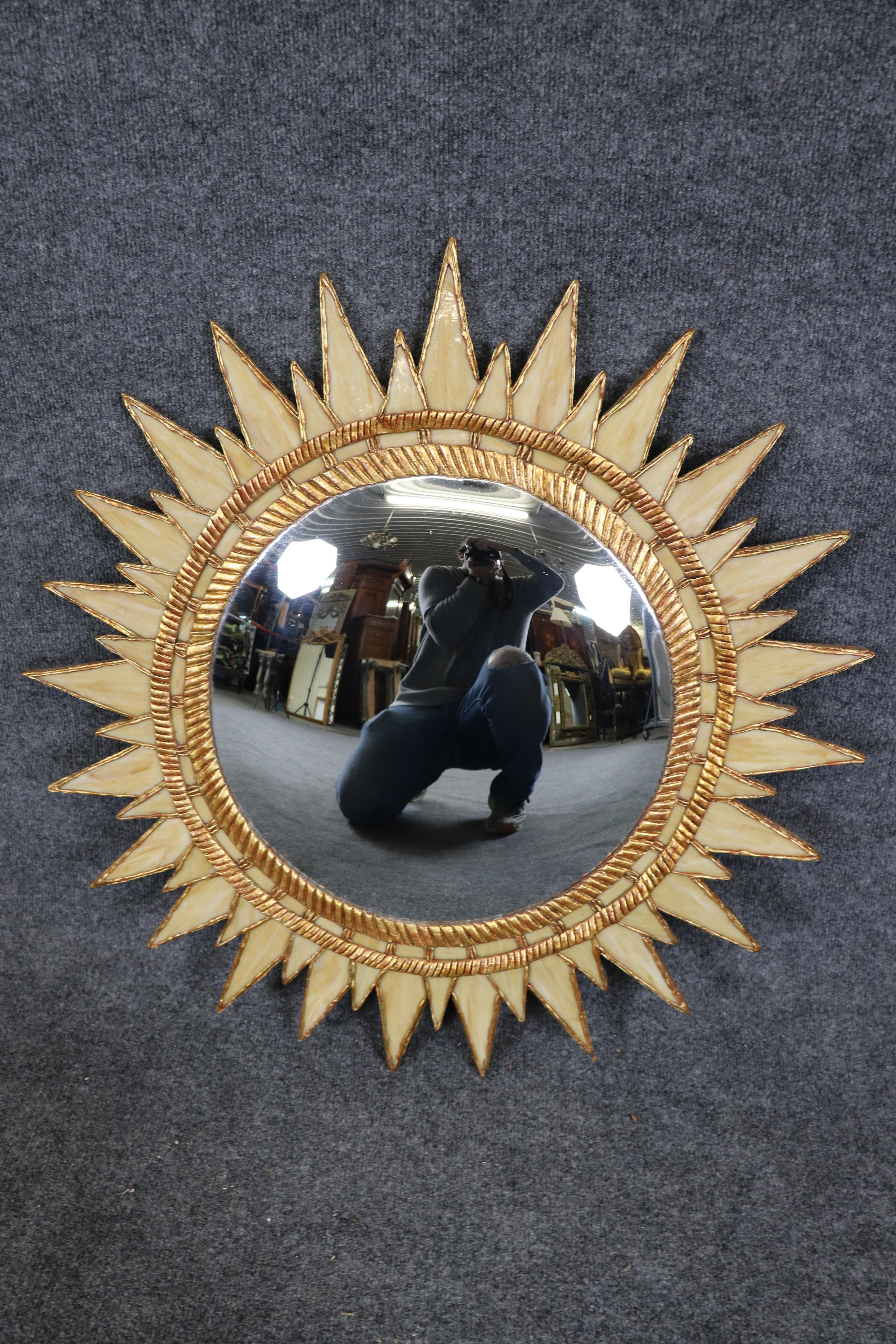 Late 20th Century Medium Sized Slag Glass Italian Gilded Sunburst Sun Burst Convex Mirror For Sale