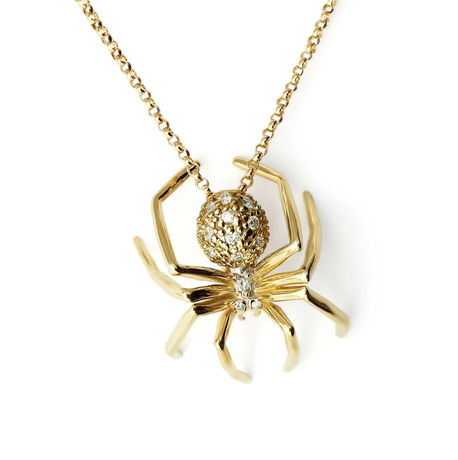 Brilliant Cut 14k Gold Plated White Sapphires Medium Spider Pendant Necklace jherwitt For Sale