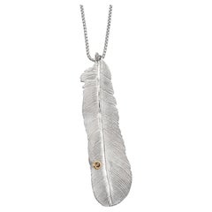 Medium Sterling Silver Detailed Bird Feather Pendant w. Andalusite in 18K Gold