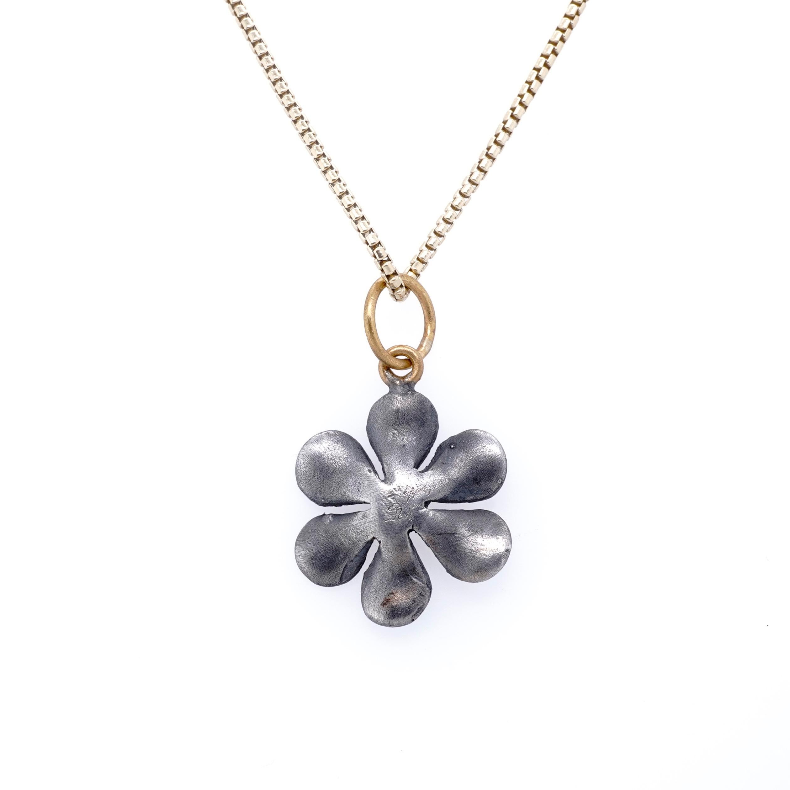 Medium, Sterling Silver Flower Charm Pendant Necklace with Diamond, 24kt Gold In New Condition For Sale In Bozeman, MT