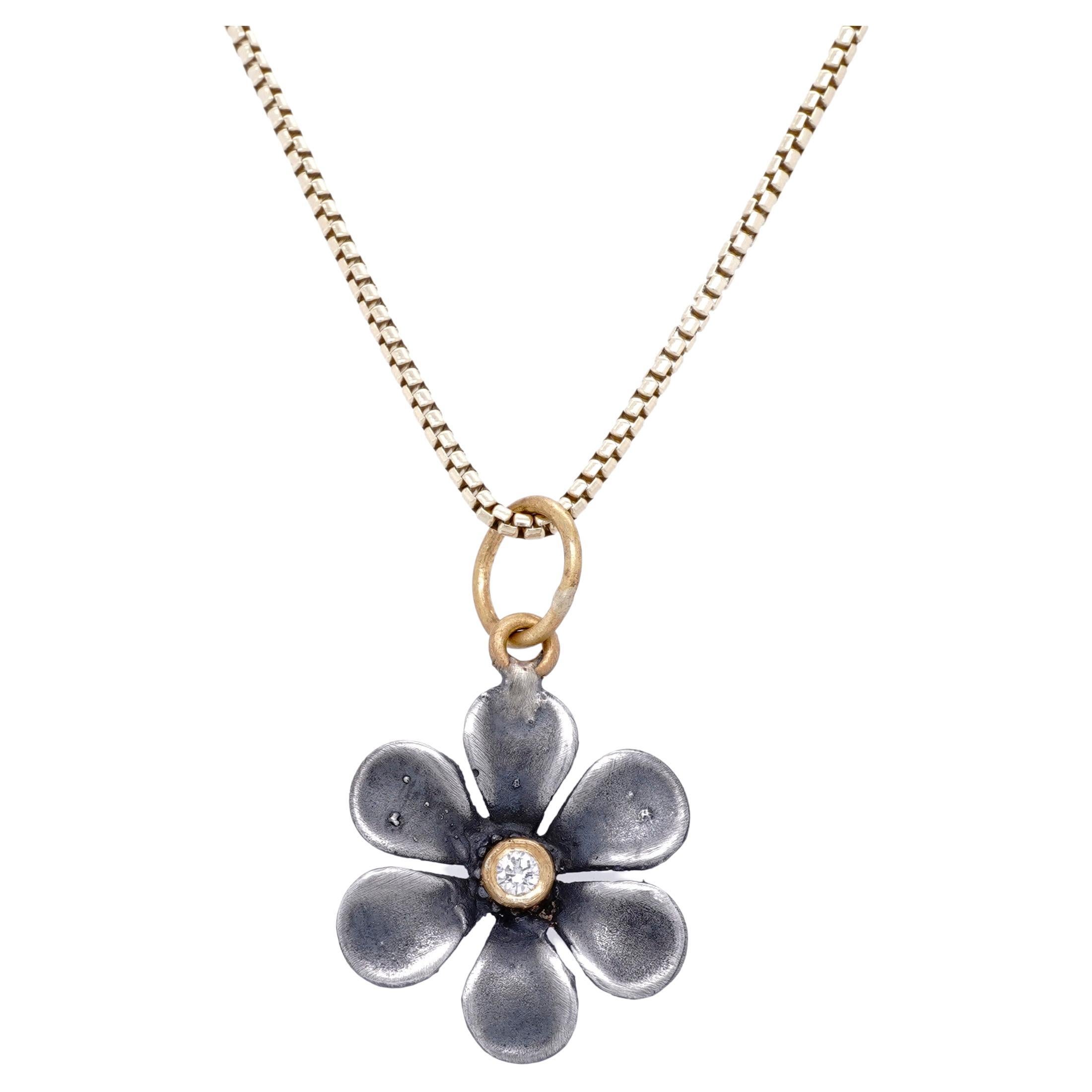 Classical Greek Medium, Sterling Silver Flower Charm Pendant Necklace with Diamond, 24kt Gold For Sale