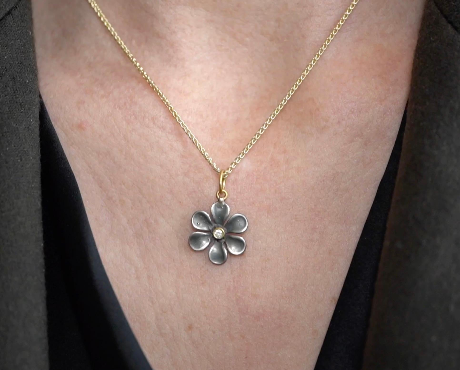 Medium, Sterling Silver Flower Charm Pendant Necklace with Diamond, 24kt Gold and Silver by Prehistoric Works of Istanbul, Turkey. Diamond - 0.02cts. Measures: 16mm x 16mm, comes with 16